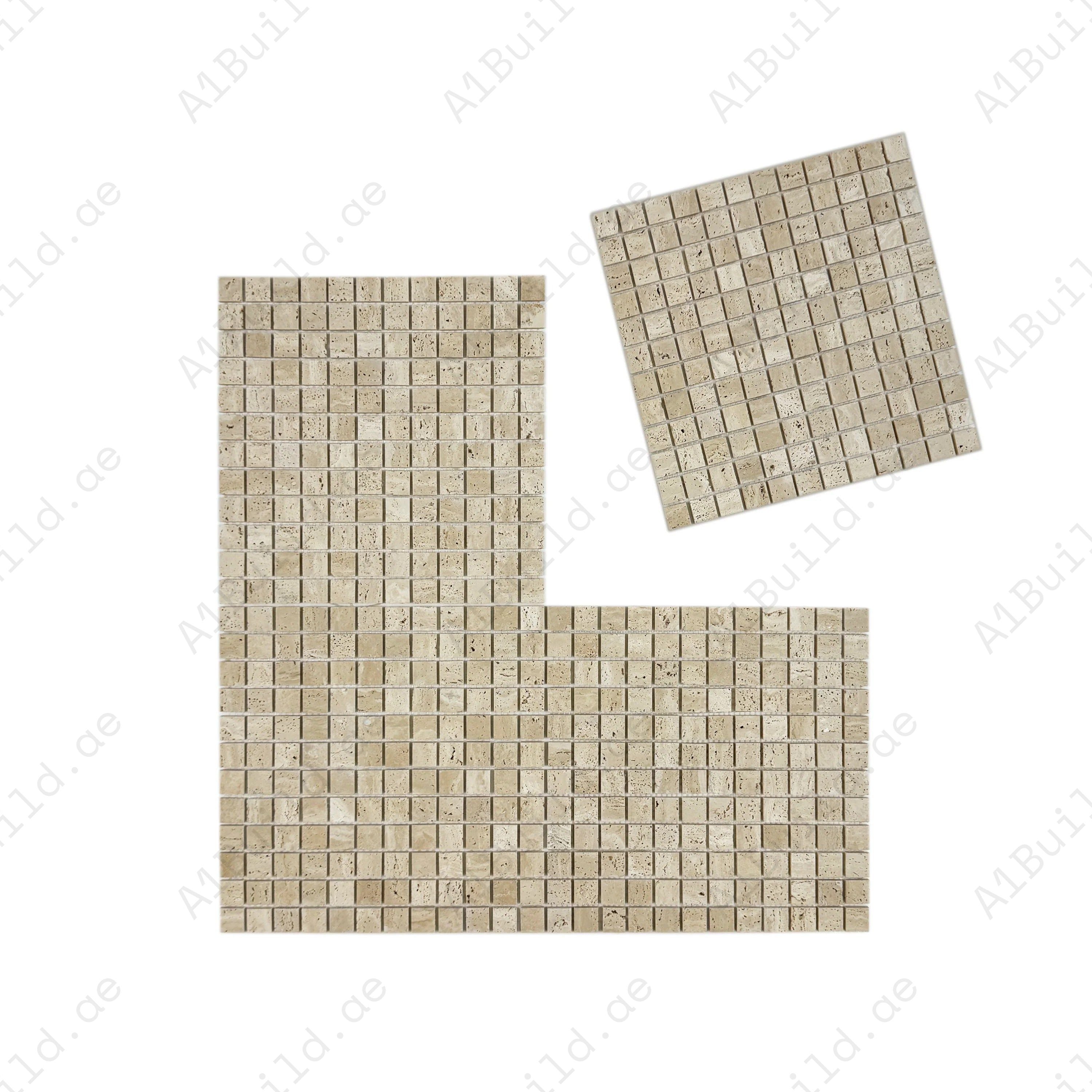 Light Beige honed travertine marble mosaic with warm tones & natural veining. Ideal for walls, backsplashes and decorative interiors with a refined matte finish
