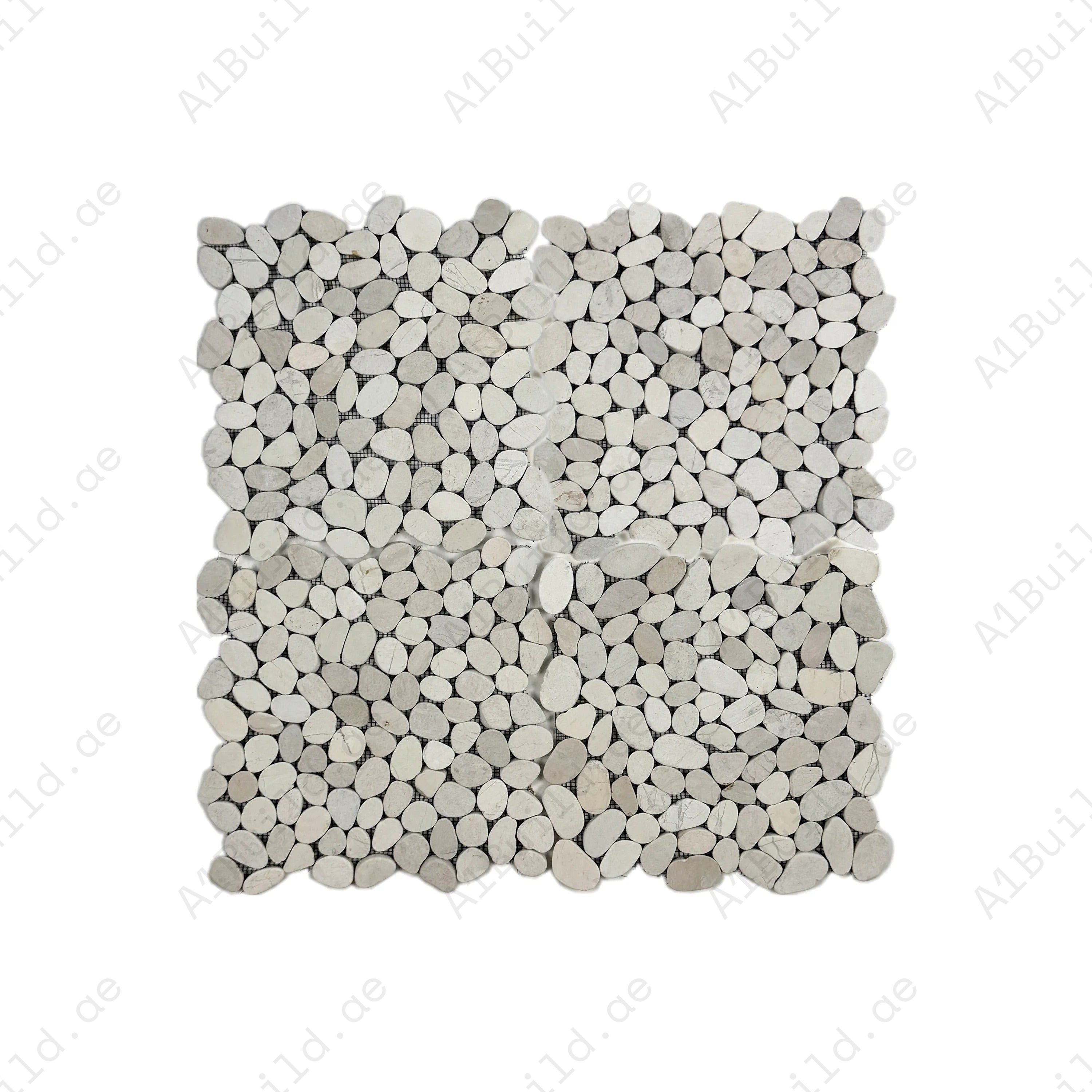 Light Beige semi-matte sliced long elliptic pebble stone mosaic with natural texture. Perfect for walls, bathrooms, and decorative interiors with elegance.