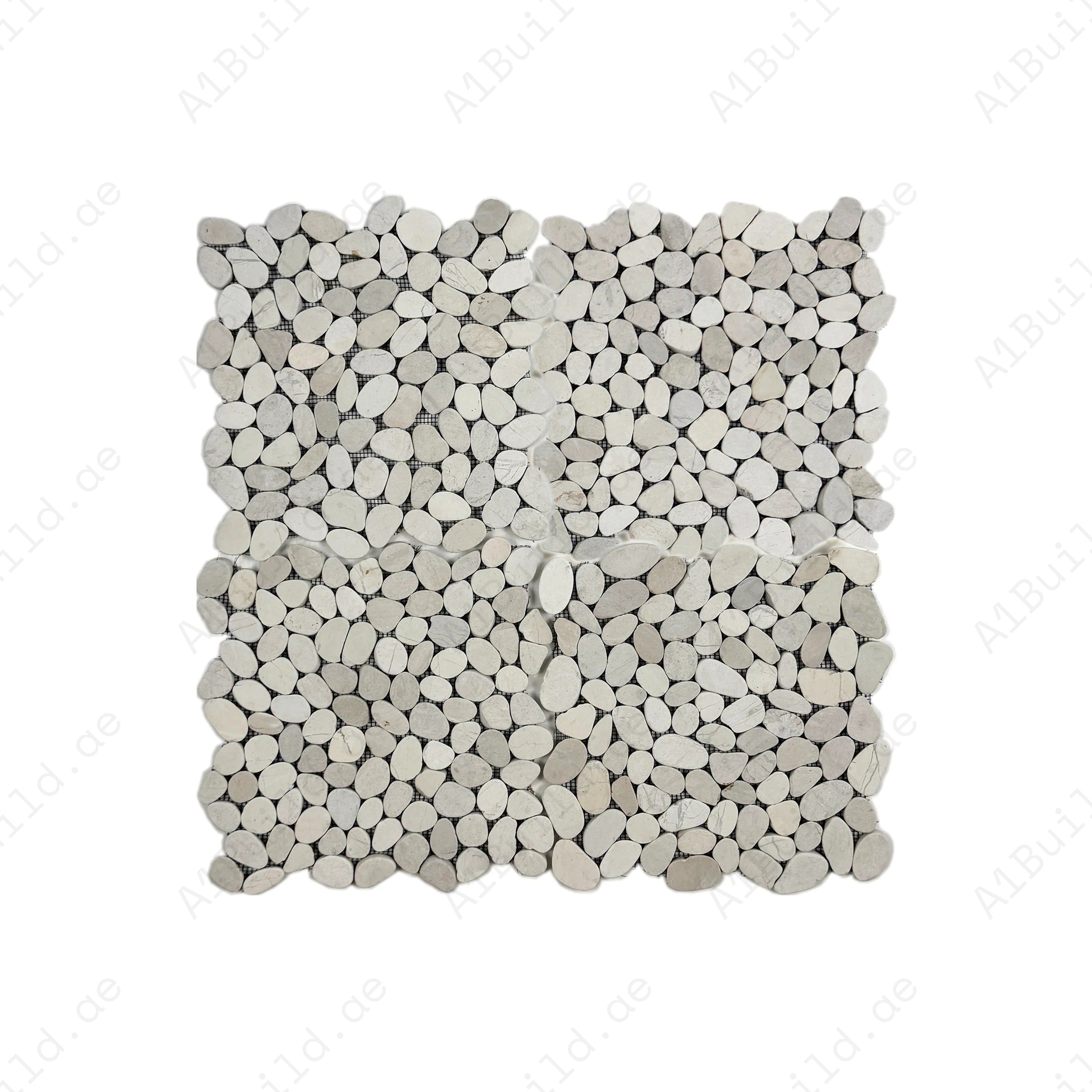 Light Beige semi-matte sliced long elliptic pebble stone mosaic with natural texture. Perfect for walls, bathrooms, and decorative interiors with elegance.