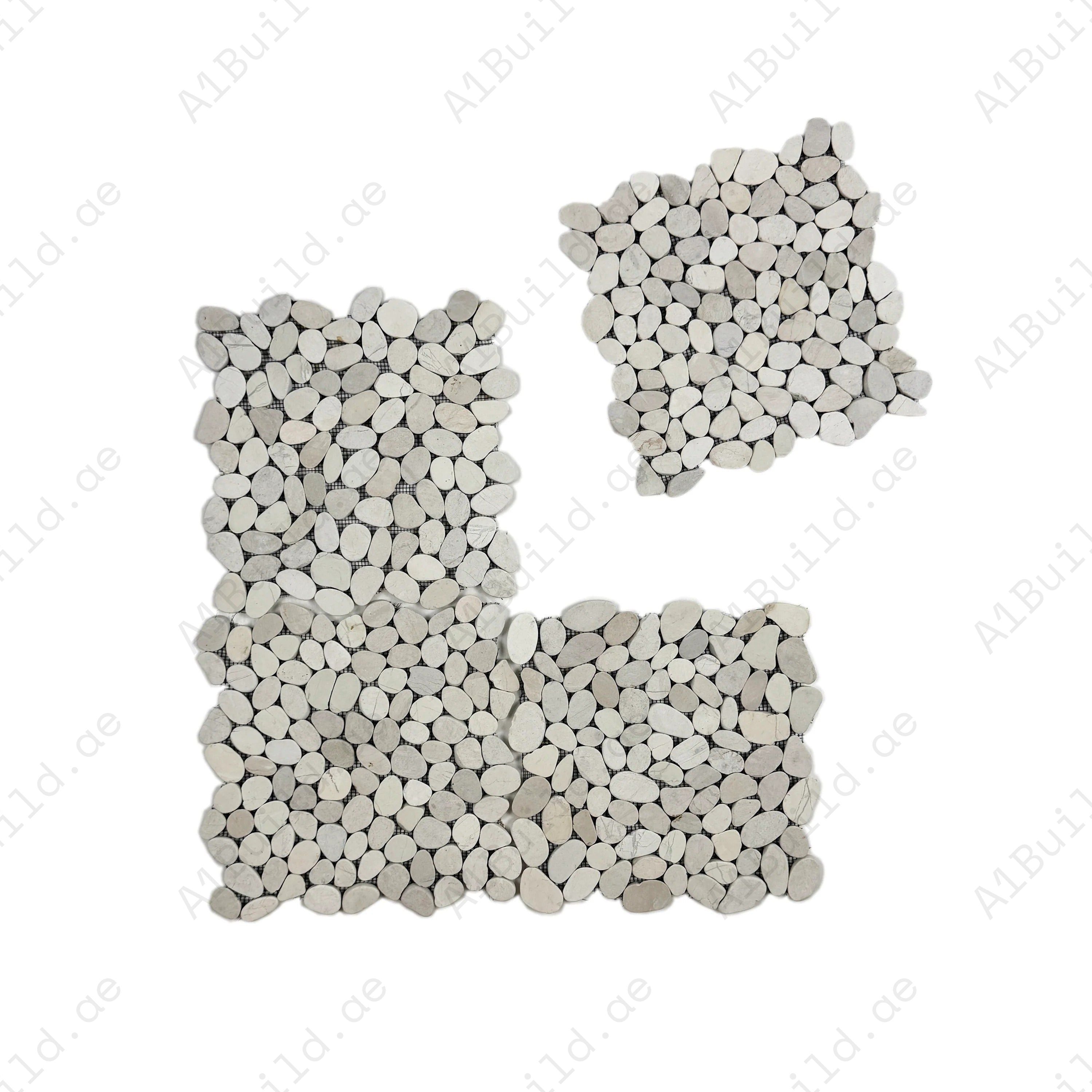 Light Beige semi-matte sliced long elliptic pebble stone mosaic with natural texture. Perfect for walls, bathrooms, and decorative interiors with elegance.