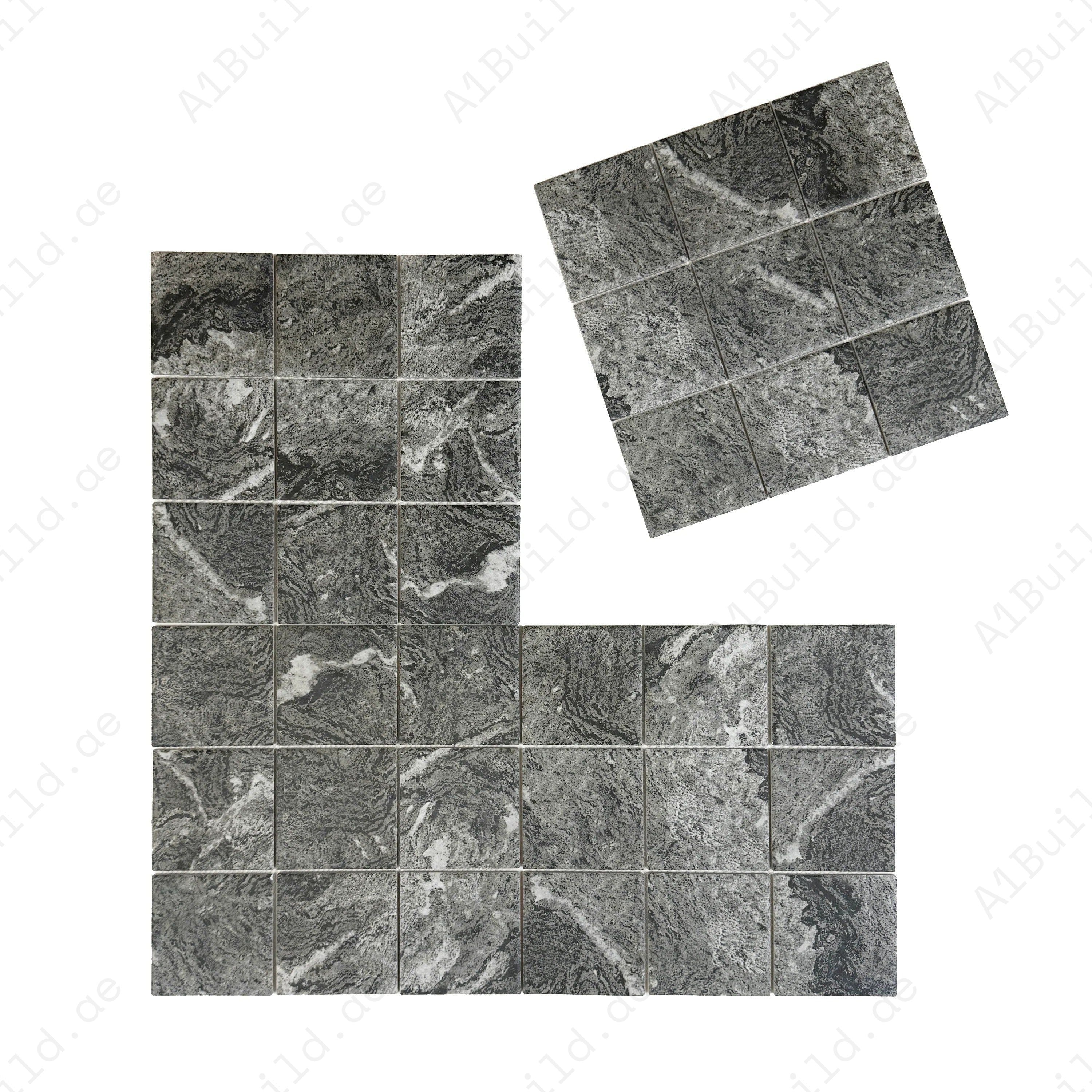 Light Black & Brown mixed stone porcelain mosaic for pools, spas & walls. Durable, slip-resistant, eco-friendly & perfect for Dubai luxury water spaces.