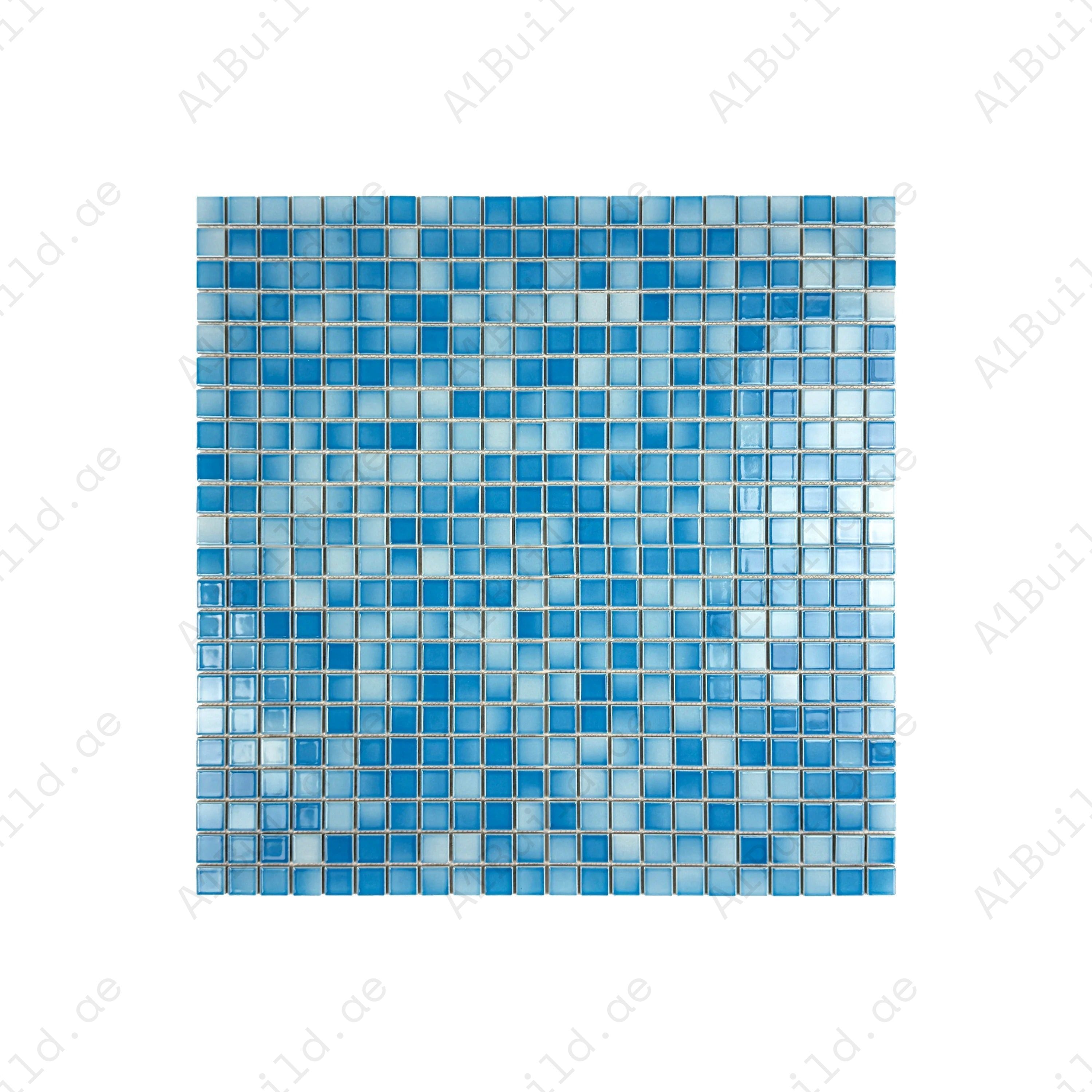 Light Blue crystalline glazed porcelain mosaic for pools, spas, and walls. Durable, slip-resistant, waterproof, eco-friendly & ideal for Dubai luxury projects.