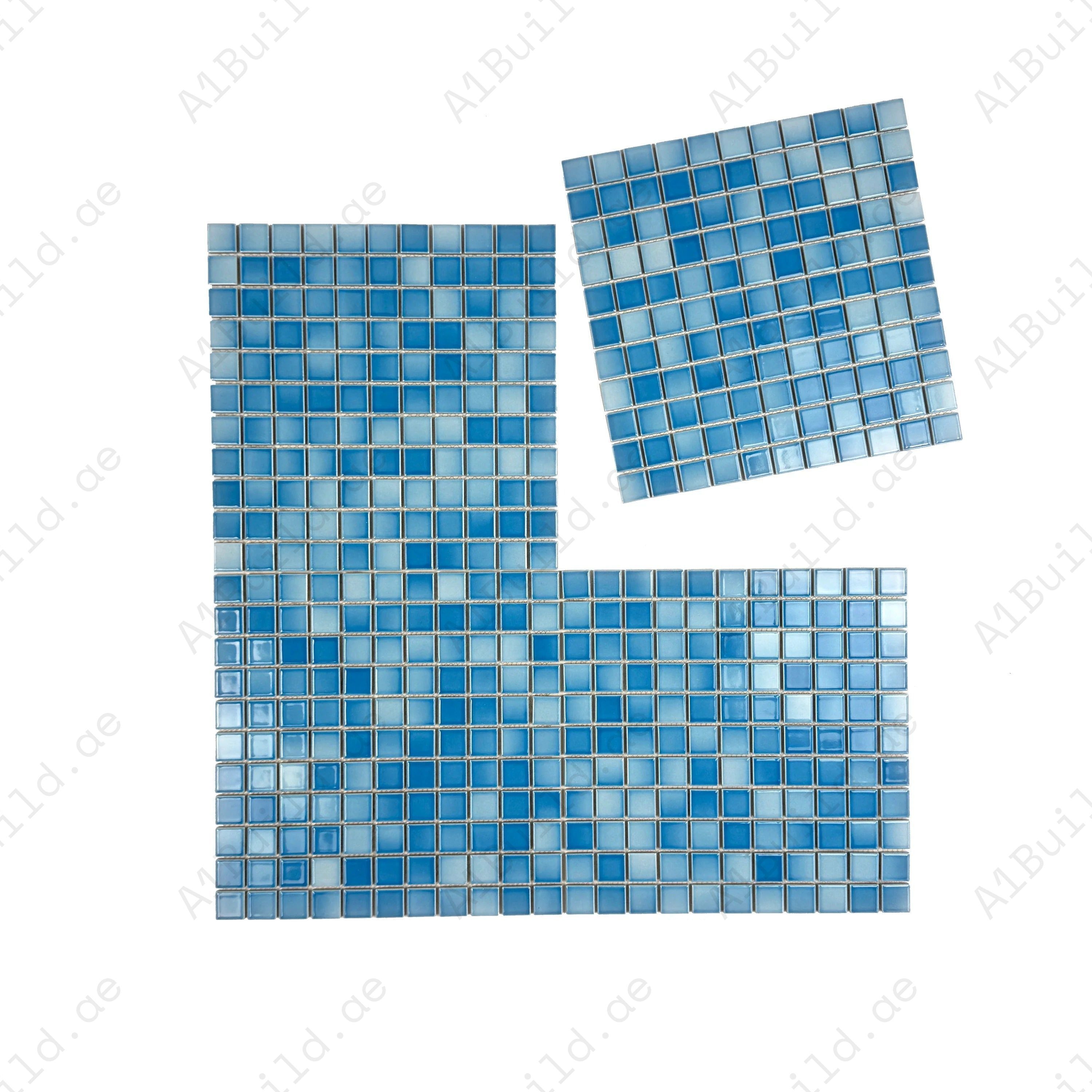 Light Blue crystalline glazed porcelain mosaic for pools, spas, and walls. Durable, slip-resistant, waterproof, eco-friendly & ideal for Dubai luxury projects.