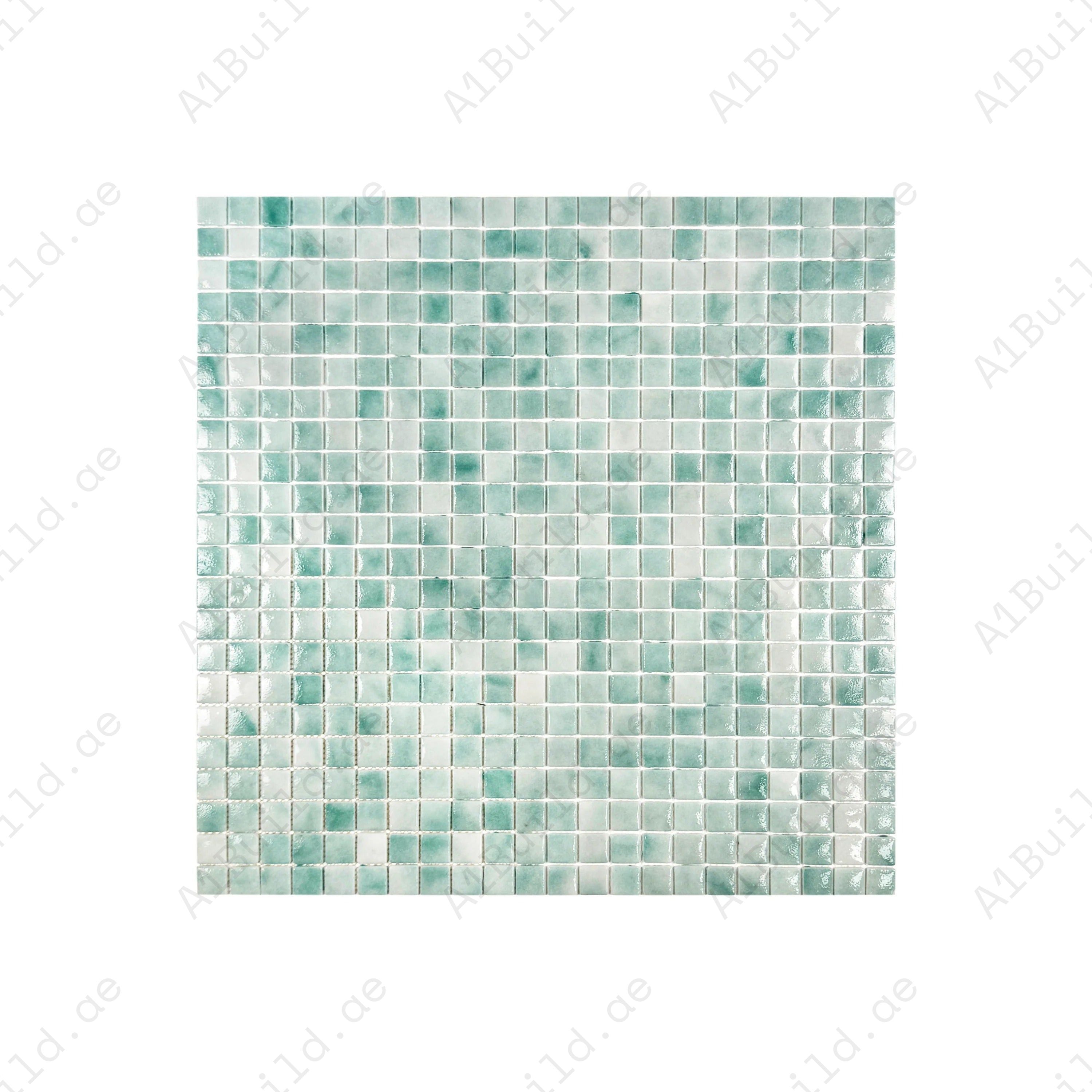 Light & Nile blue glossy recycled glass mosaic tiles. Durable, eco-friendly, slip-resistant—perfect for swimming pools, spas, and aquatic wall designs.