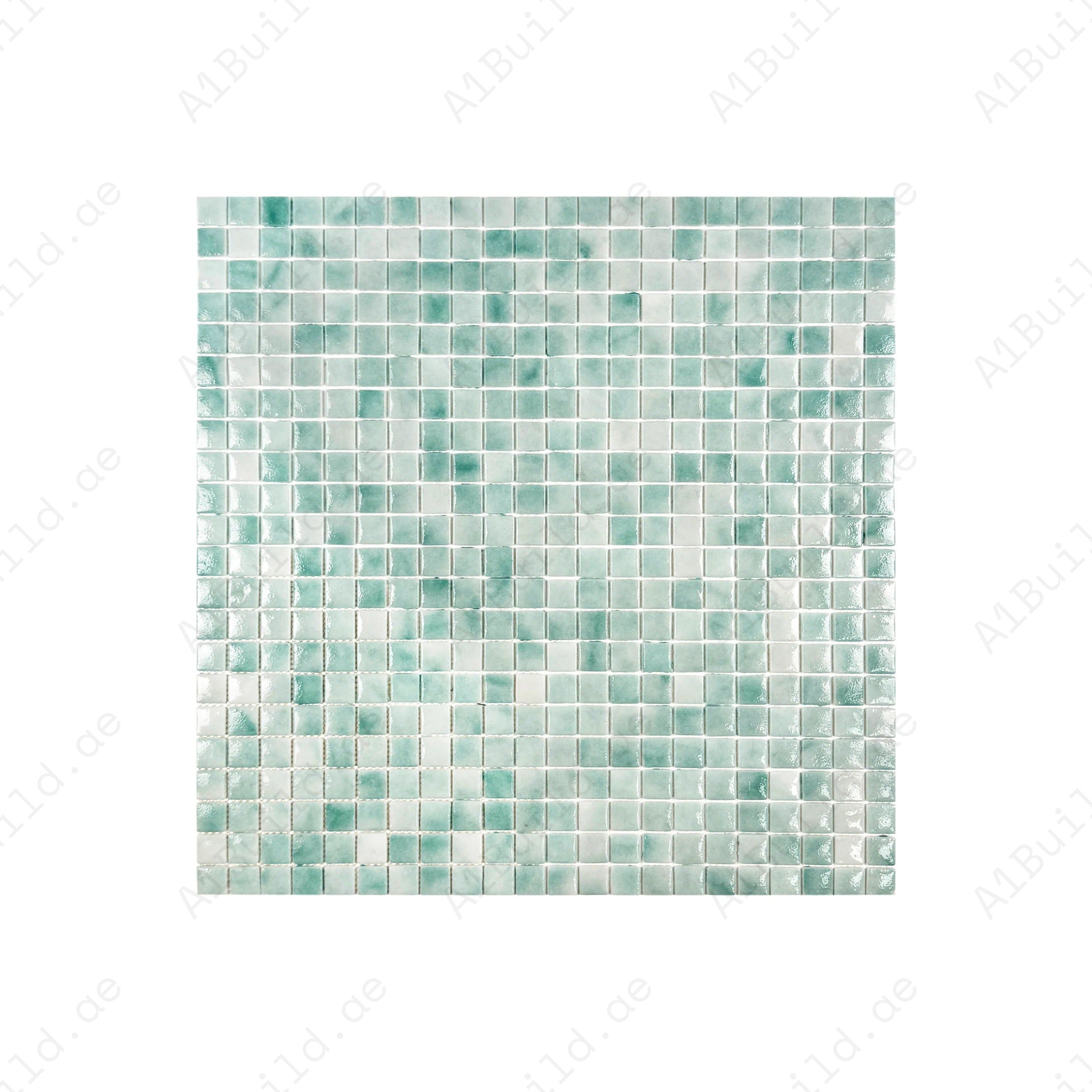 Light & Nile blue glossy recycled glass mosaic tiles. Durable, eco-friendly, slip-resistant—perfect for swimming pools, spas, and aquatic wall designs.