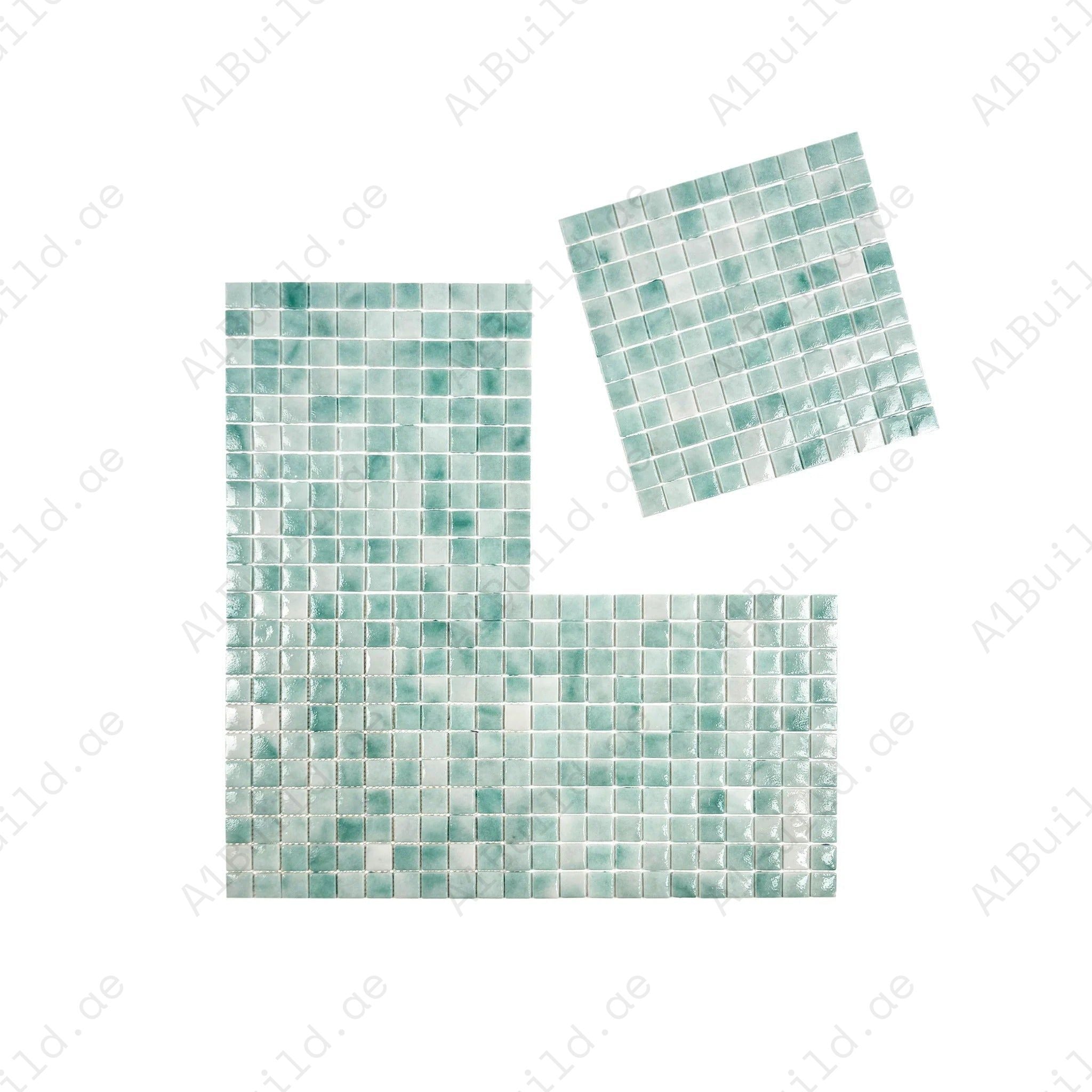 Light & Nile blue glossy recycled glass mosaic tiles. Durable, eco-friendly, slip-resistant—perfect for swimming pools, spas, and aquatic wall designs.