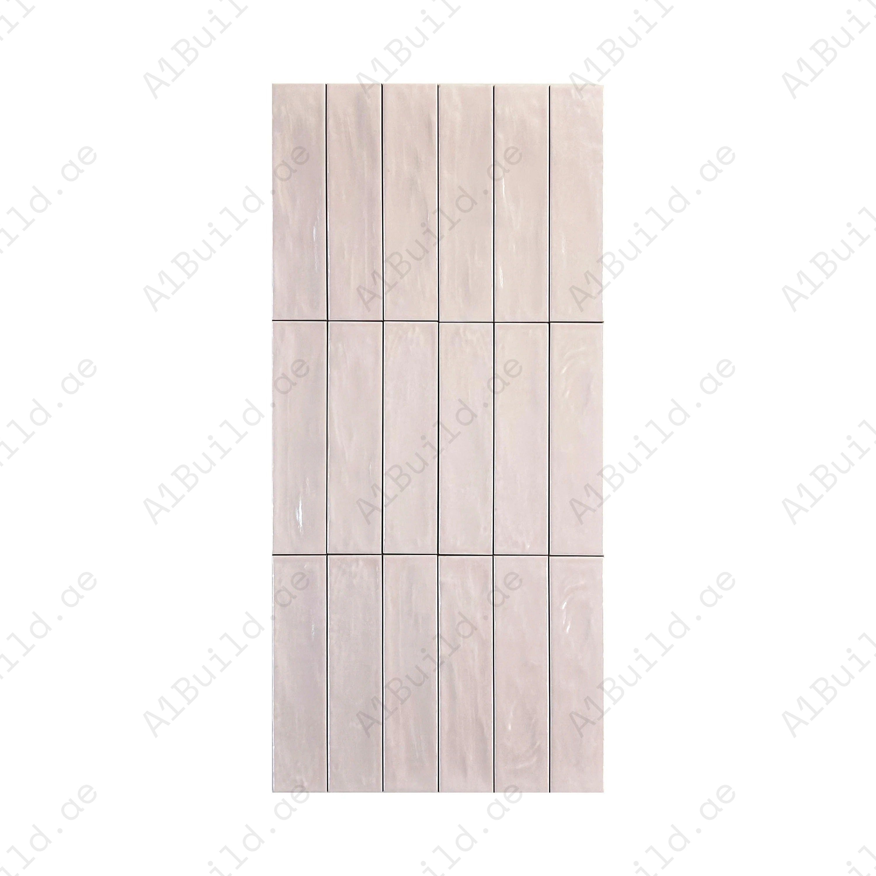Light Pink Pearlescent Ceramic Tile with sleek long-strip design. Durable, waterproof, scratch-resistant, perfect for walls, floors, kitchens, and bathrooms.