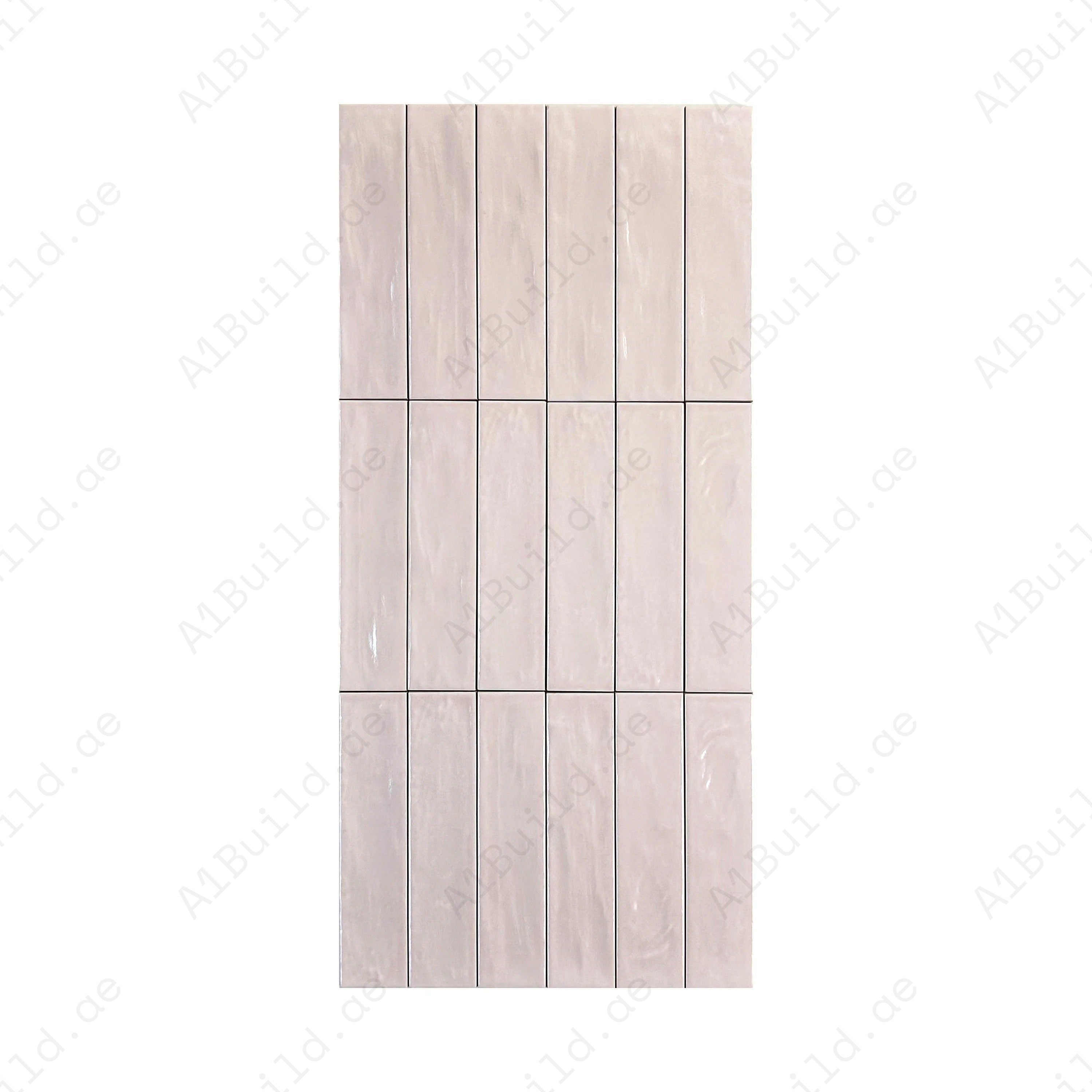 Light Pink Pearlescent Ceramic Tile with sleek long-strip design. Durable, waterproof, scratch-resistant, perfect for walls, floors, kitchens, and bathrooms.