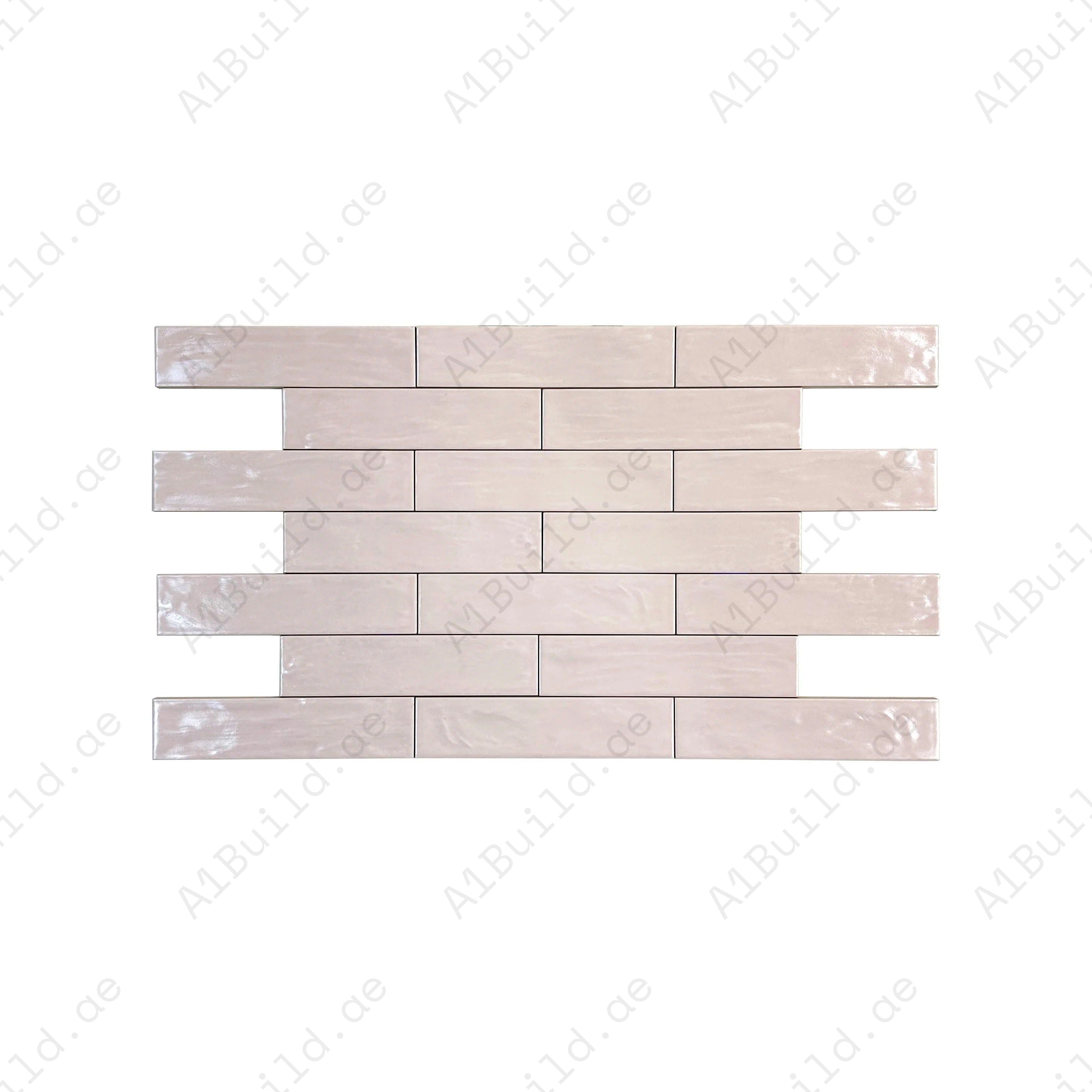Light Pink Pearlescent Ceramic Tile with sleek long-strip design. Durable, waterproof, scratch-resistant, perfect for walls, floors, kitchens, and bathrooms.