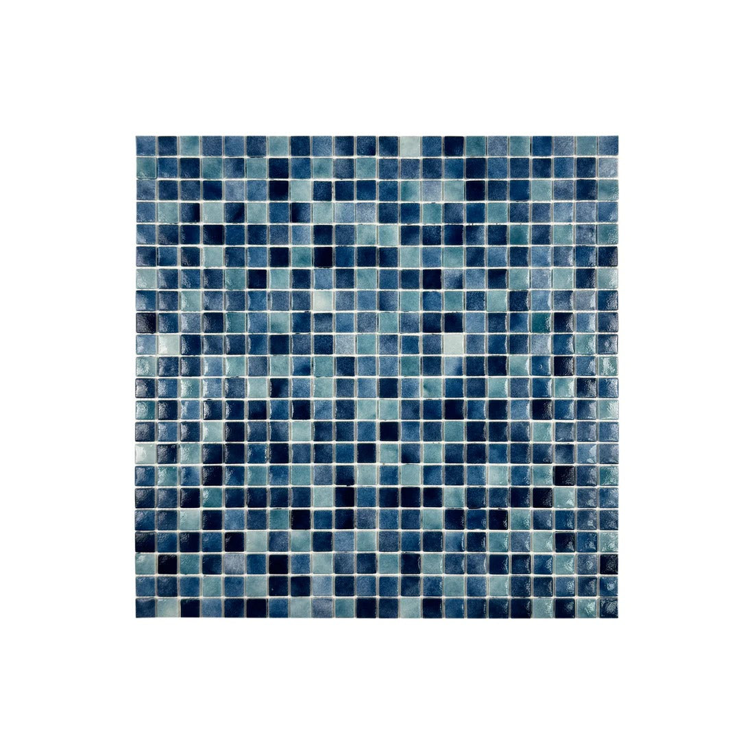 Light, Tiffany & might blue glossy recycled glass mosaic tiles. Durable, eco-friendly, slip-resistant—perfect for pools, spas, and aquatic wall designs.