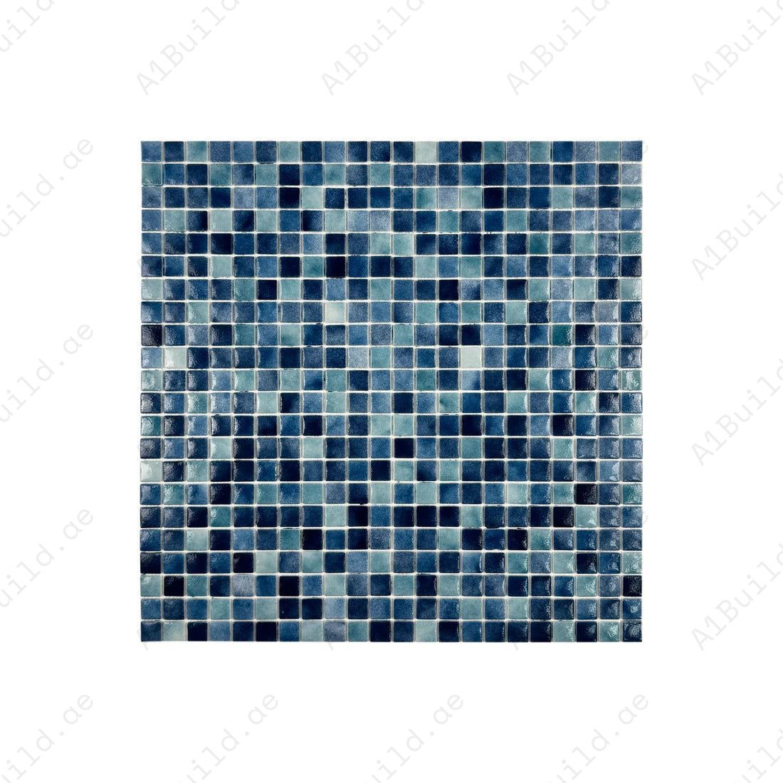 Light, Tiffany & might blue glossy recycled glass mosaic tiles. Durable, eco-friendly, slip-resistant—perfect for pools, spas, and aquatic wall designs.