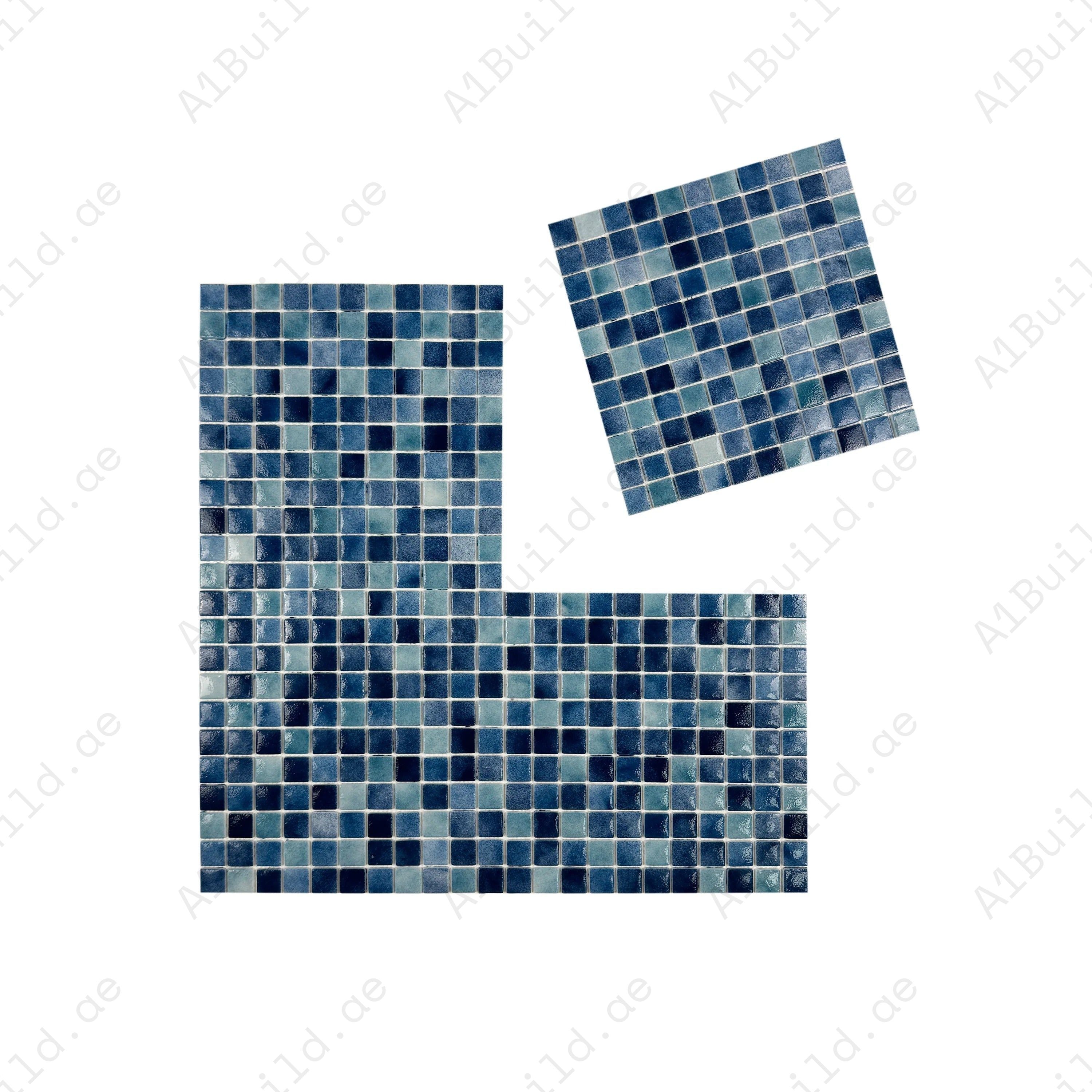 Light, Tiffany & might blue glossy recycled glass mosaic tiles. Durable, eco-friendly, slip-resistant—perfect for pools, spas, and aquatic wall designs.