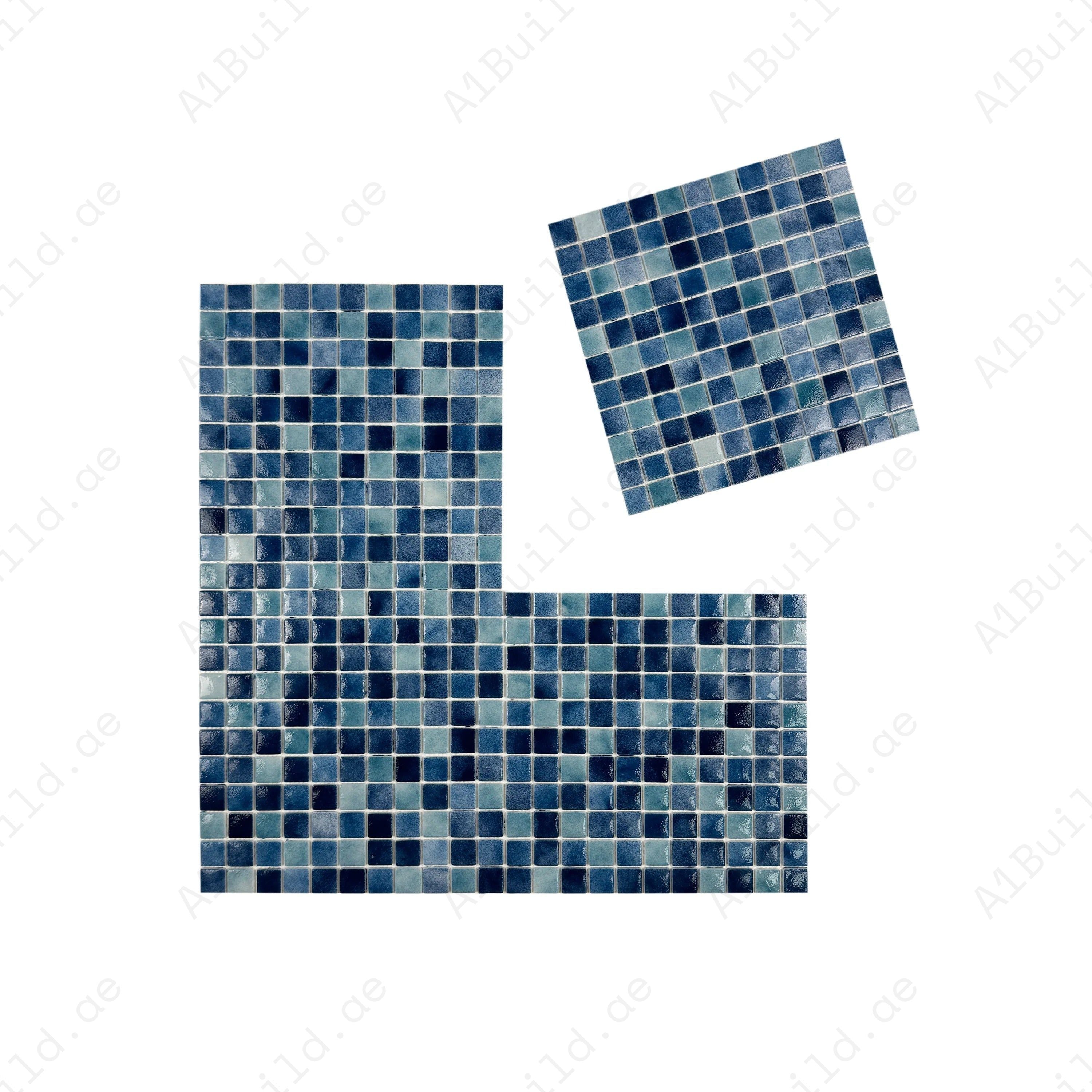 Light, Tiffany & might blue glossy recycled glass mosaic tiles. Durable, eco-friendly, slip-resistant—perfect for pools, spas, and aquatic wall designs.