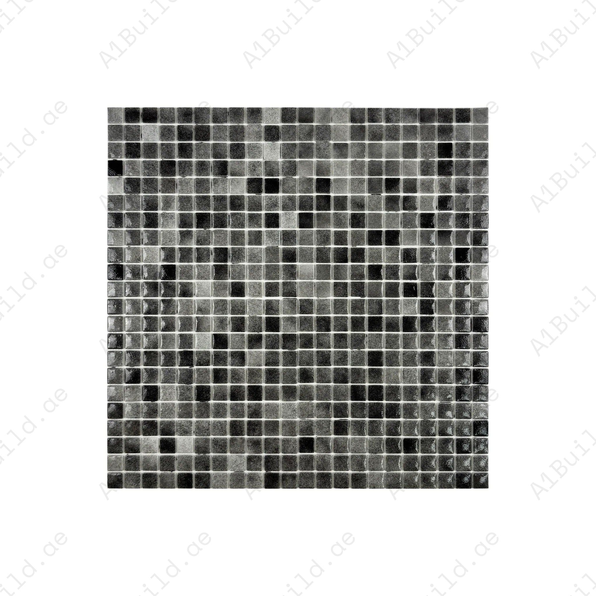 Light and shadow grey glossy recycled glass mosaic tiles. Eco-friendly, durable, and slip-resistant—ideal for pools, spas, water features, and bathrooms.