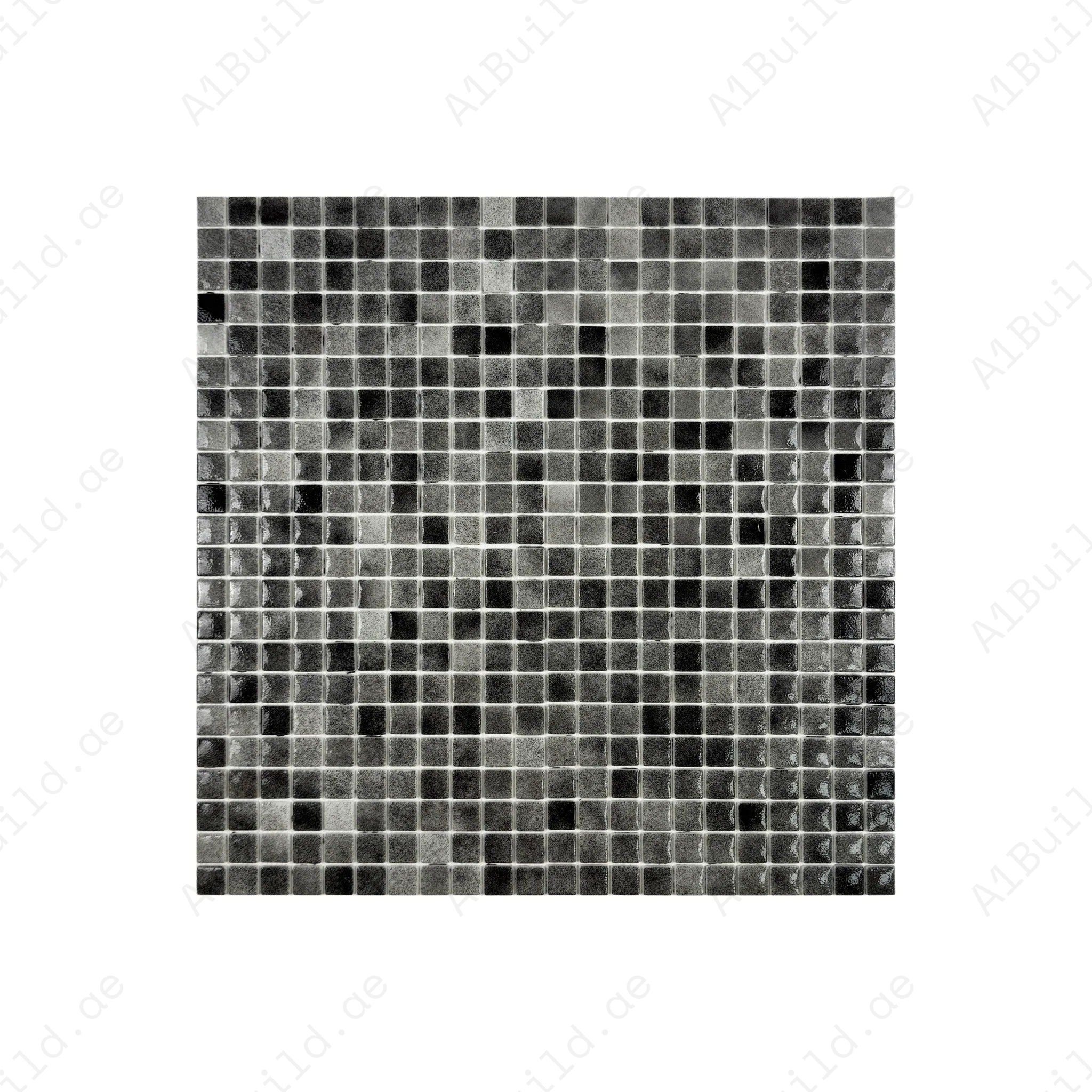 Light and shadow grey glossy recycled glass mosaic tiles. Eco-friendly, durable, and slip-resistant—ideal for pools, spas, water features, and bathrooms.