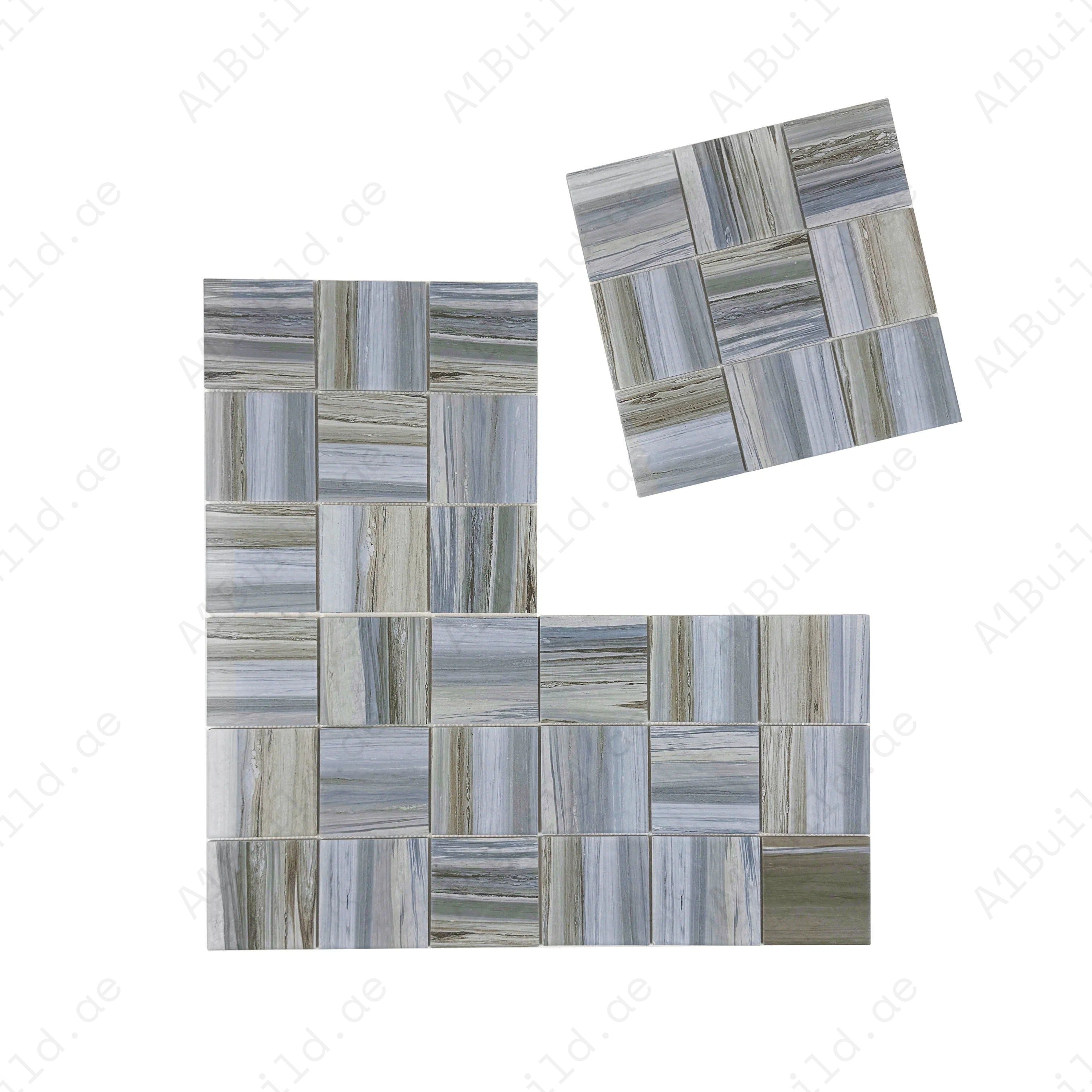 Light blue, milky white & grey porcelain mosaic tiles for pools, spas & water walls. UV-resistant, slip-proof, eco-friendly, and designed for lasting luxury.