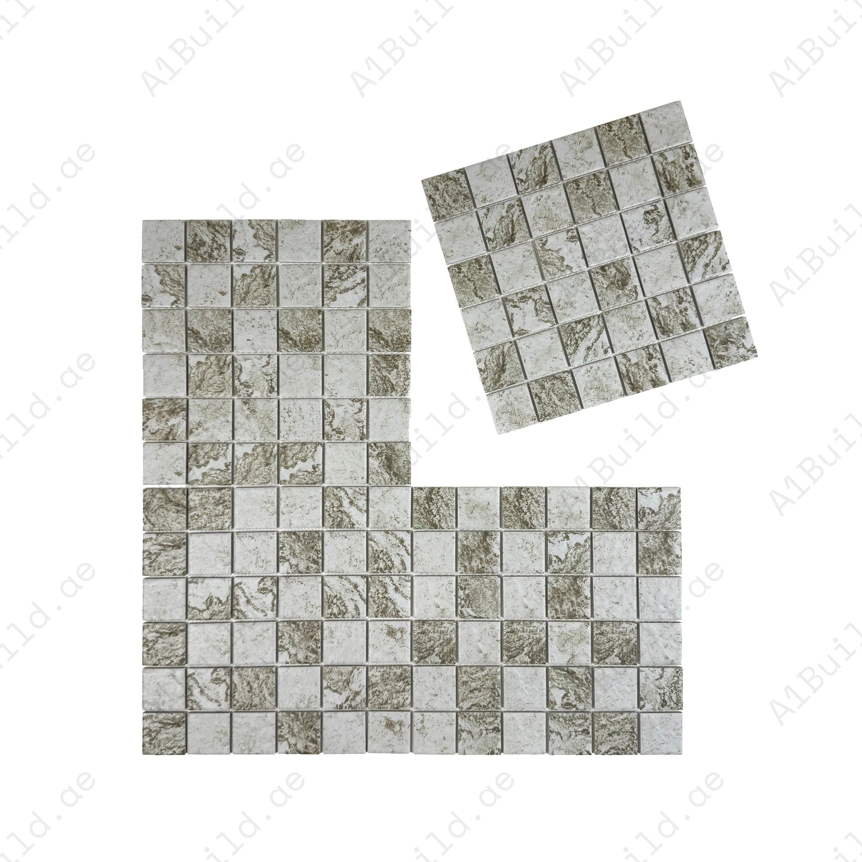 Light off-white, brown & gray porcelain mosaic tiles for pools, spas & water features. UV-resistant, slip-proof, eco-friendly, and designed for lasting luxury.