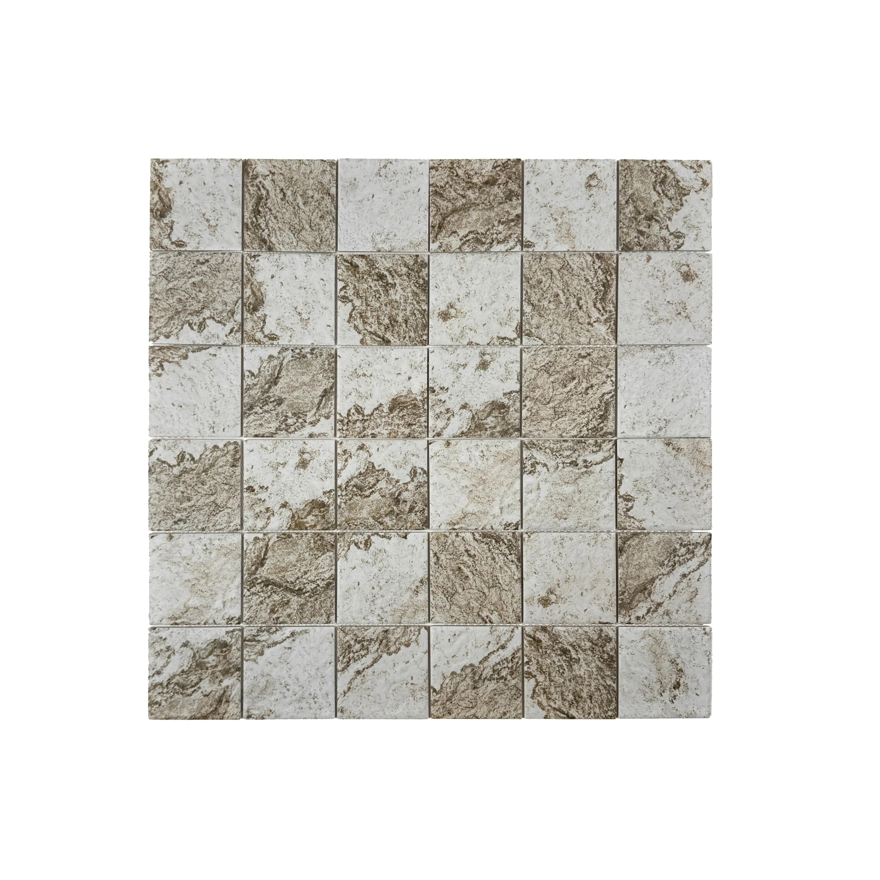 Light off-white, brown & gray porcelain mosaic tiles for pools, spas & water walls. UV-resistant, slip-proof, eco-friendly, and built for long-lasting beauty.