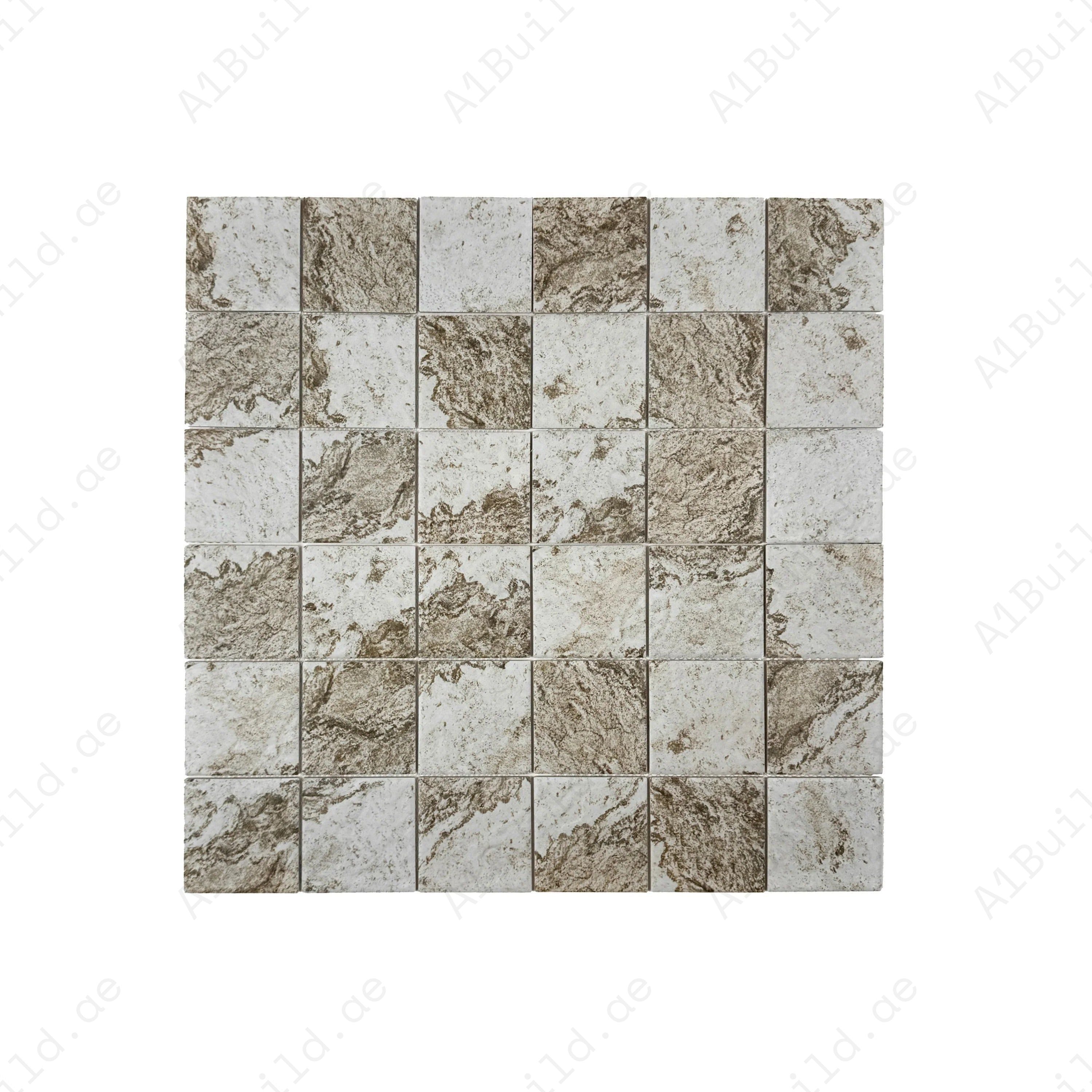 Light off-white, brown & gray porcelain mosaic tiles for pools, spas & water walls. UV-resistant, slip-proof, eco-friendly, and built for long-lasting beauty.