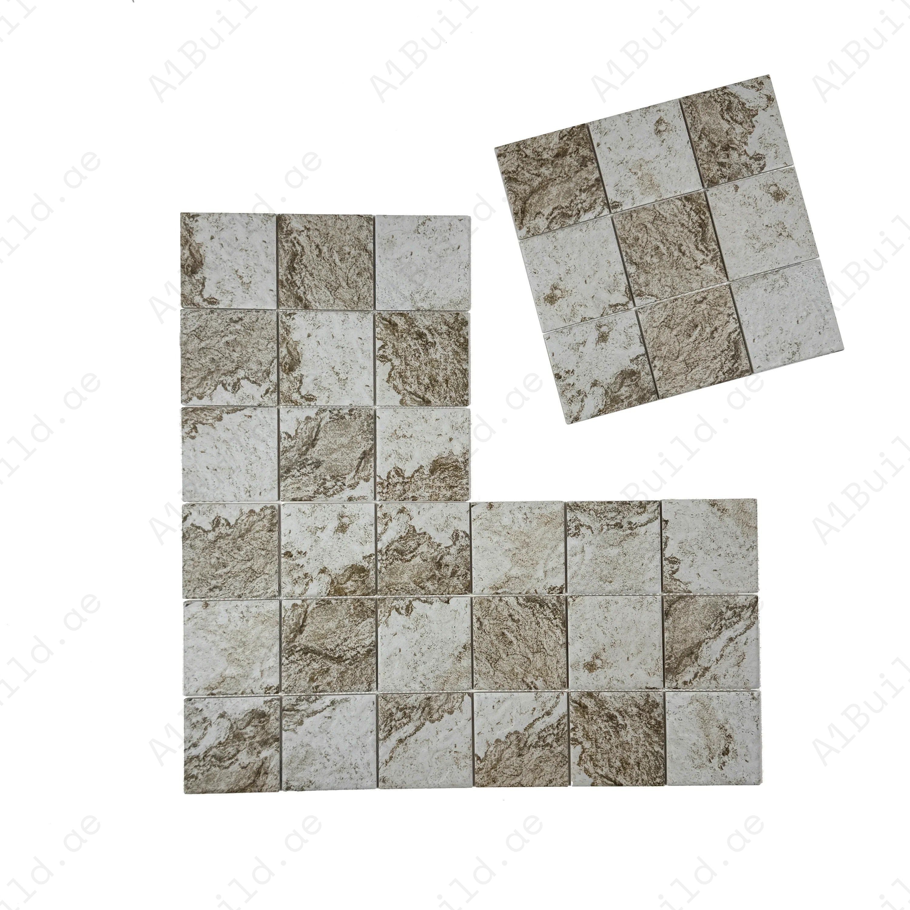 Light off-white, brown & gray porcelain mosaic tiles for pools, spas & water walls. UV-resistant, slip-proof, eco-friendly, and built for long-lasting beauty.