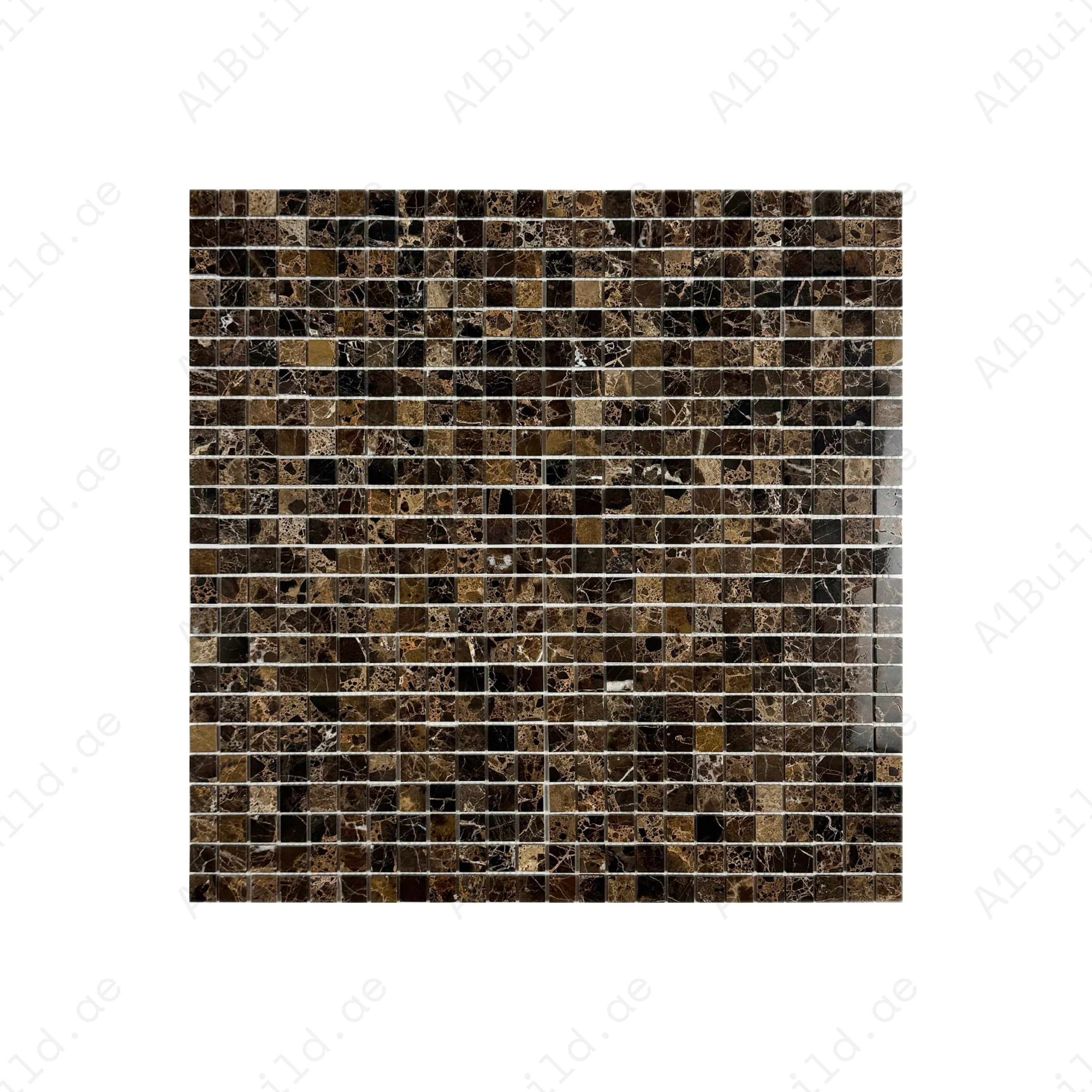 Luxurious Dark Emperador polished marble mosaic featuring rich brown tones and elegant white veining. Perfect for walls, backsplashes, and interior accents.