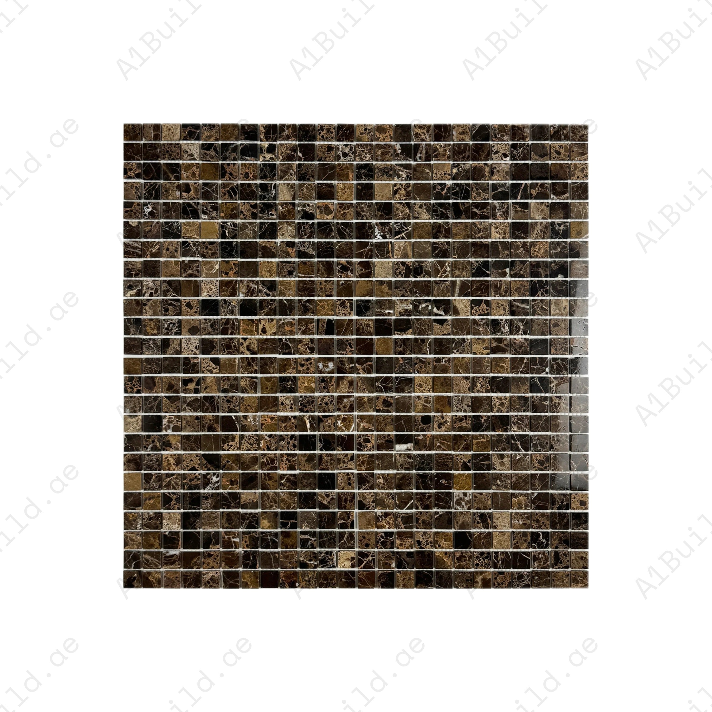 Luxurious Dark Emperador polished marble mosaic featuring rich brown tones and elegant white veining. Perfect for walls, backsplashes, and interior accents.