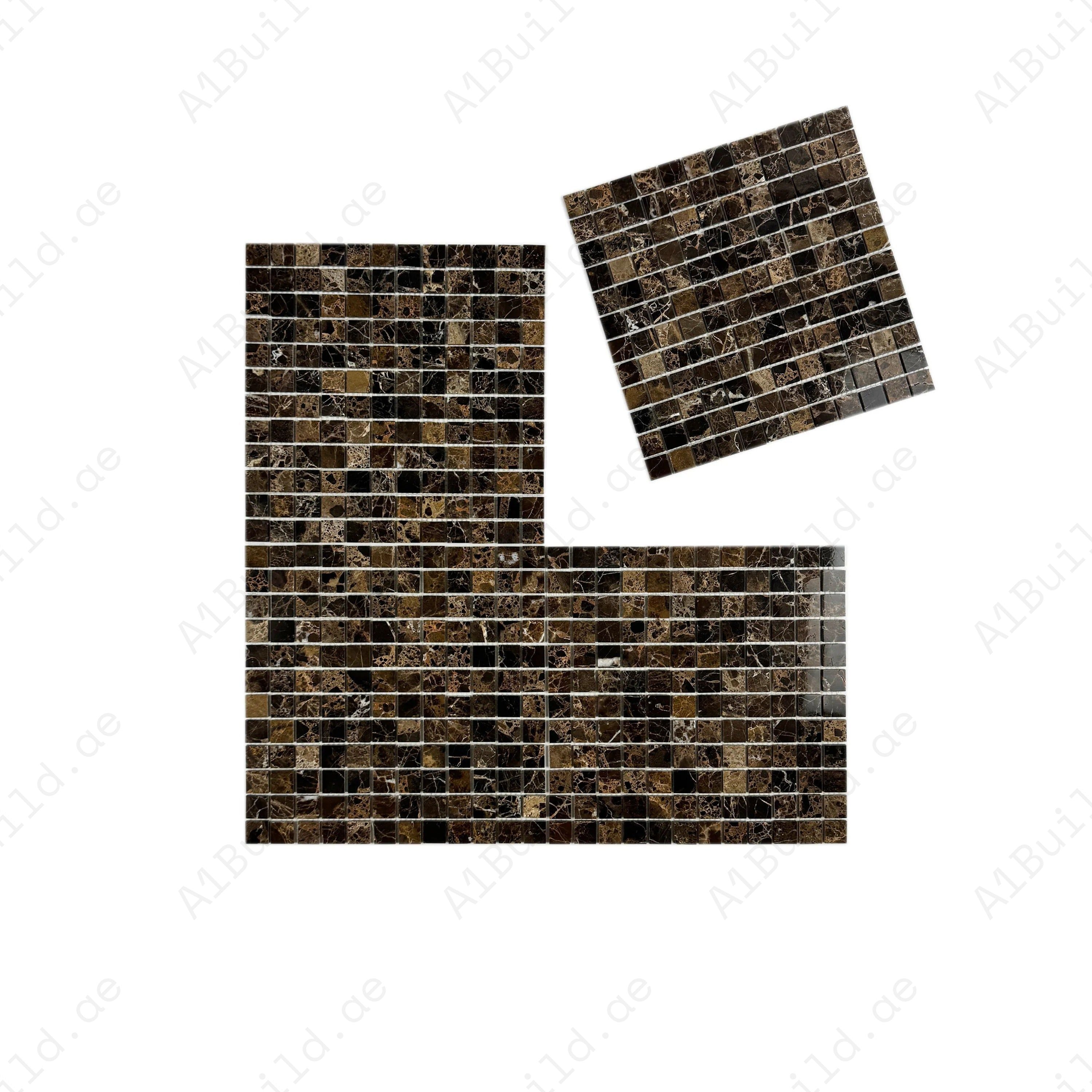 Luxurious Dark Emperador polished marble mosaic featuring rich brown tones and elegant white veining. Perfect for walls, backsplashes, and interior accents.