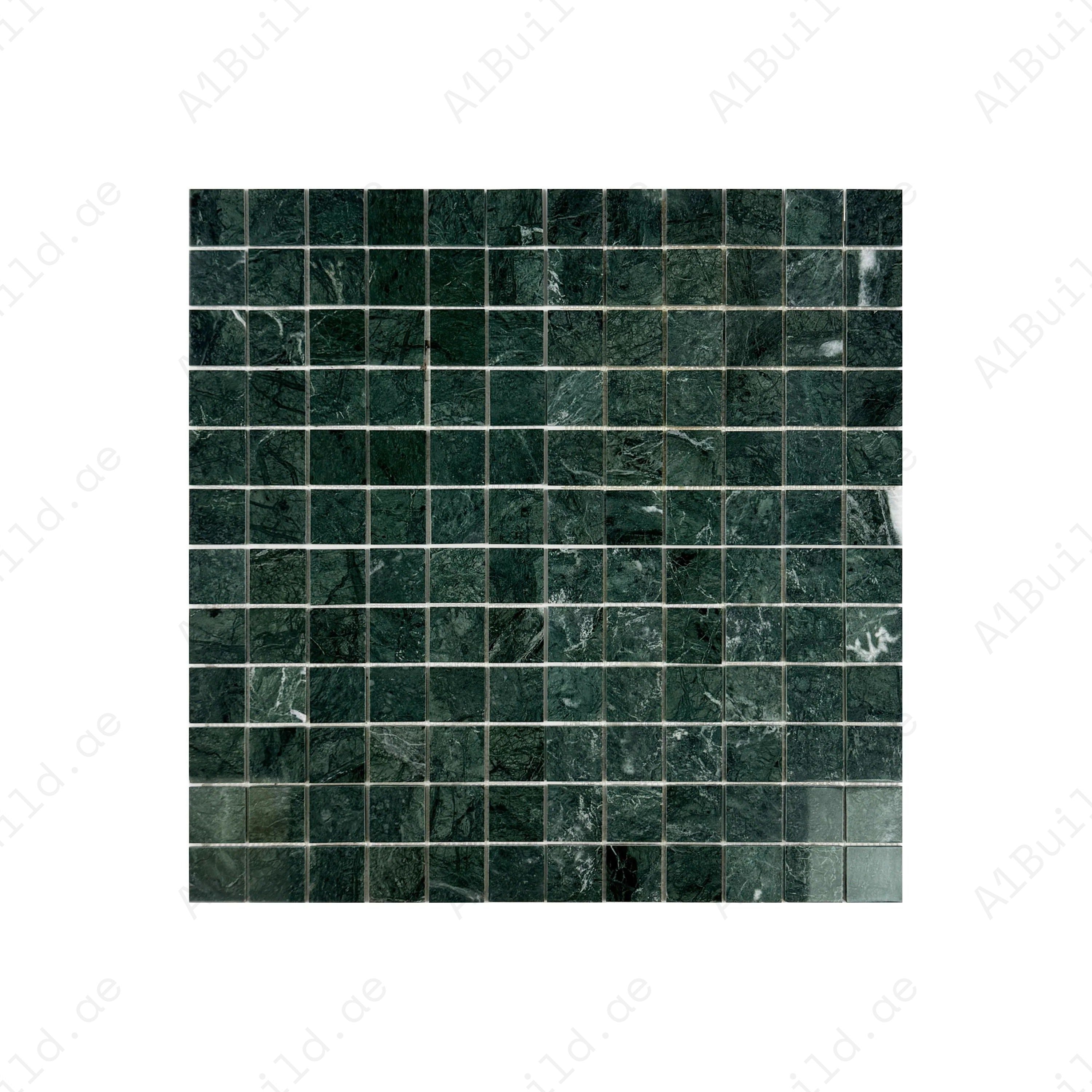 Luxurious Dark Green polished marble mosaic featuring deep green tones with fine veining. Ideal for walls, backsplashes, and premium interior designs.