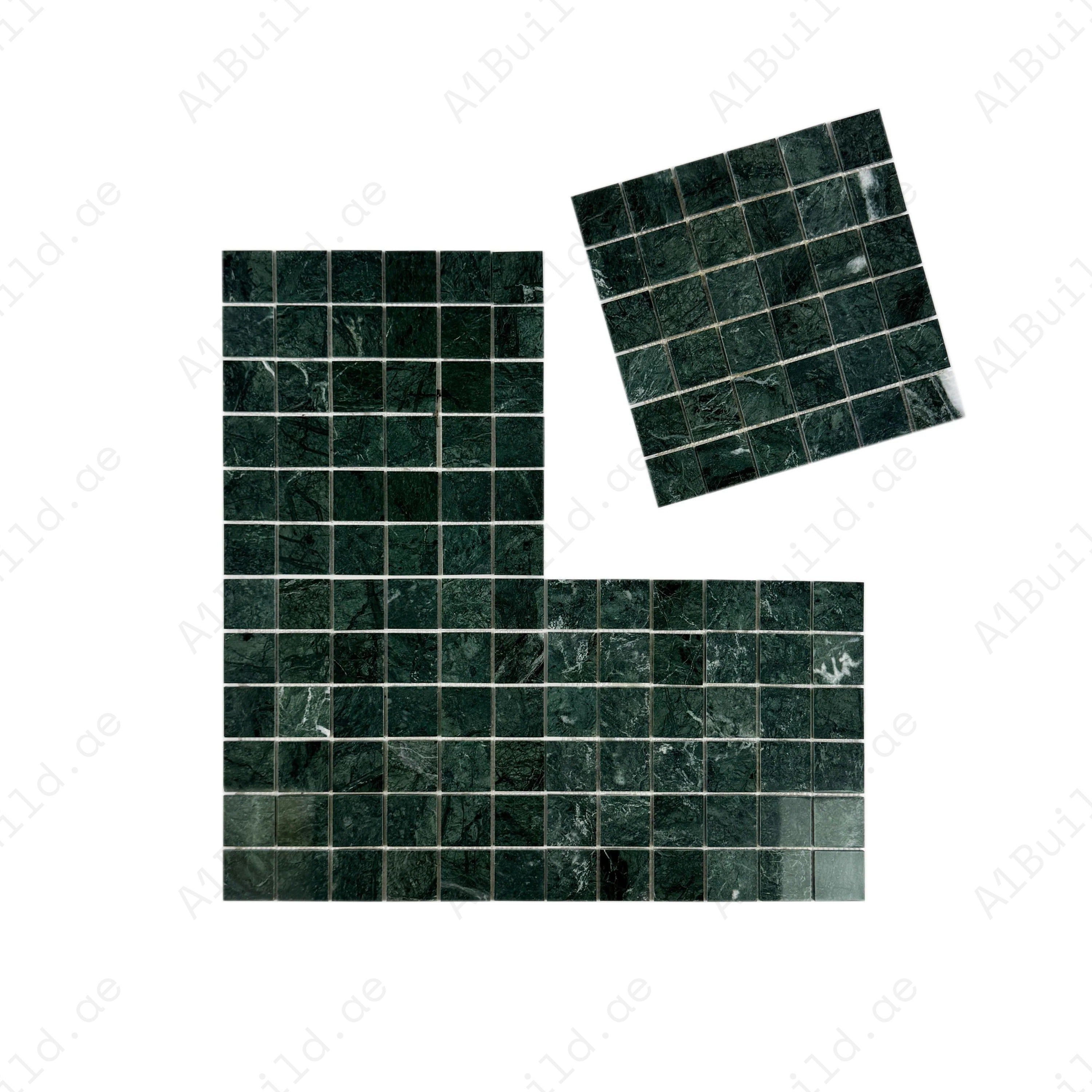 Luxurious Dark Green polished marble mosaic featuring deep green tones with fine veining. Ideal for walls, backsplashes, and premium interior designs.