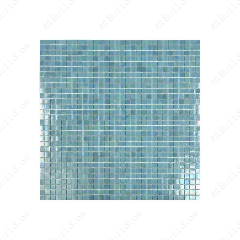 Luxury Nile Blue Iridescent glass mosaic tiles durable, slip-resistant, UV-protected, eco-friendly and perfect for Dubai pools, spas, water features and walls.