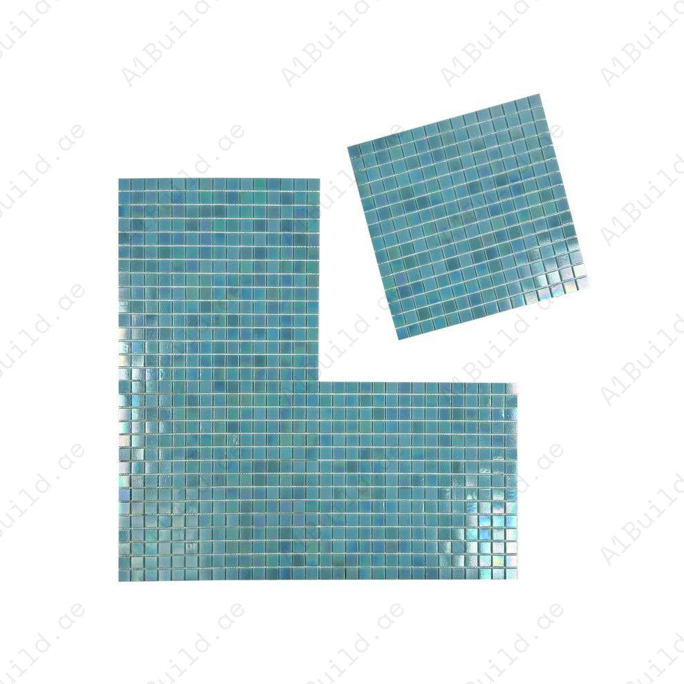 Luxury Nile Blue Iridescent glass mosaic tiles durable, slip-resistant, UV-protected, eco-friendly and perfect for Dubai pools, spas, water features and walls.