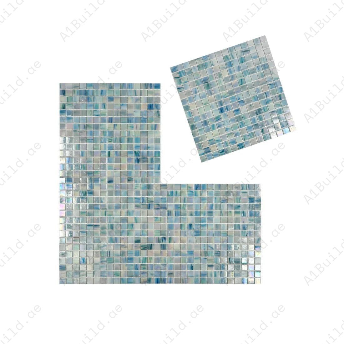 Luxury Nile Blue & Tiffany Blue & Cream White glass mosaic tiles – durable, slip-resistant, eco-friendly, perfect for Dubai pools, spas, and water features.