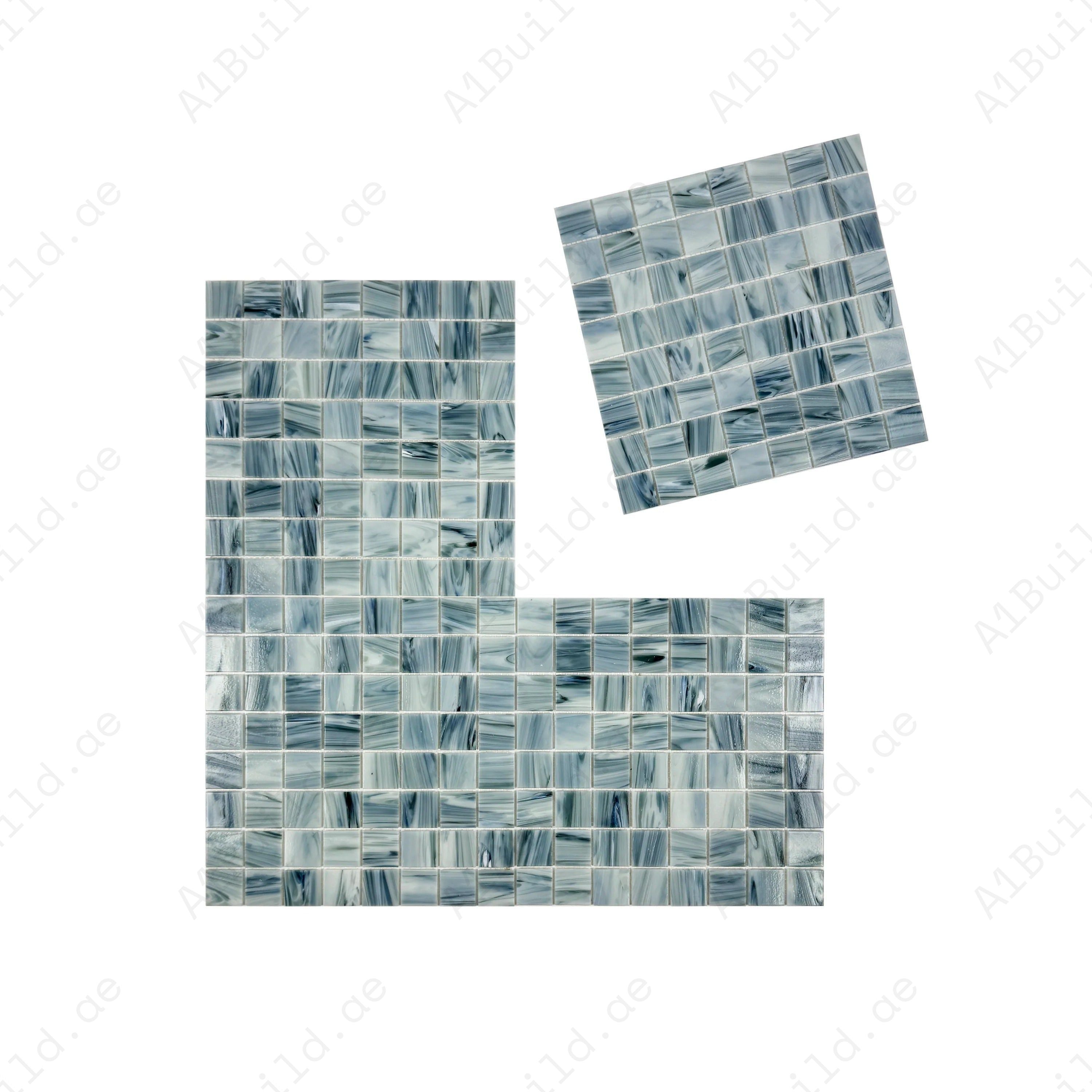 Luxury Pearl River, Lava & Steel Grey glass mosaic tiles – durable, slip-resistant, eco-friendly, UV-protected, perfect for Dubai pools, spas & water features.