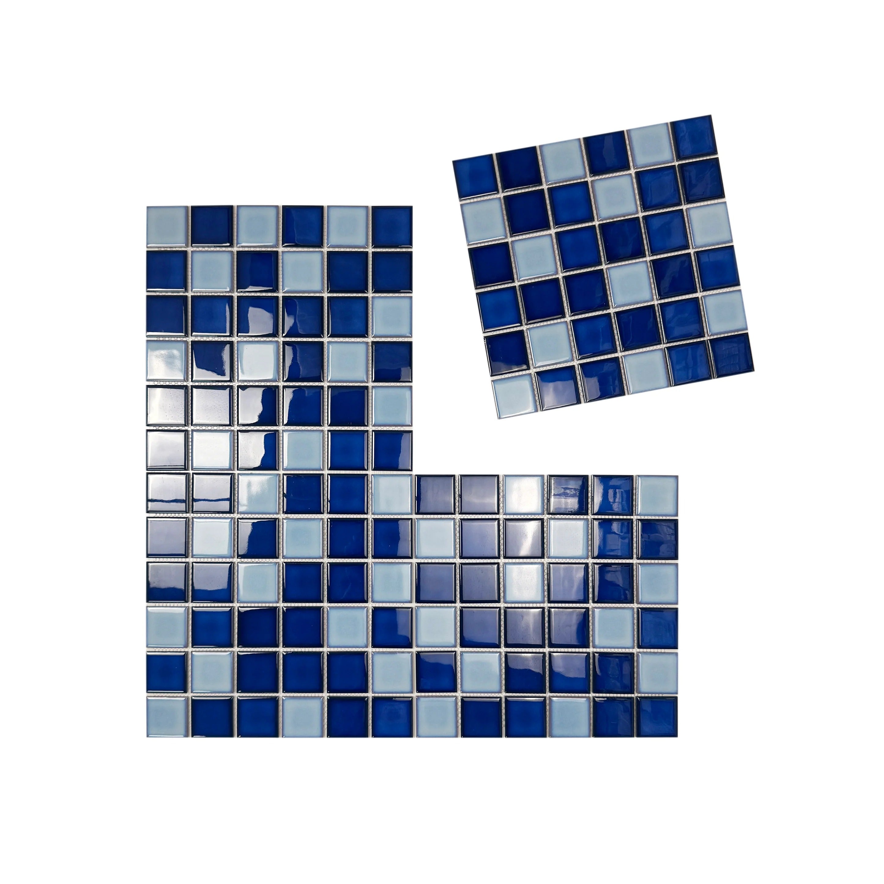 Luxury porcelain mosaic tiles in Powder, Ultra Marine & Oriental Blue. Slip-resistant, durable, eco-friendly – perfect for Dubai swimming pools & spas.
