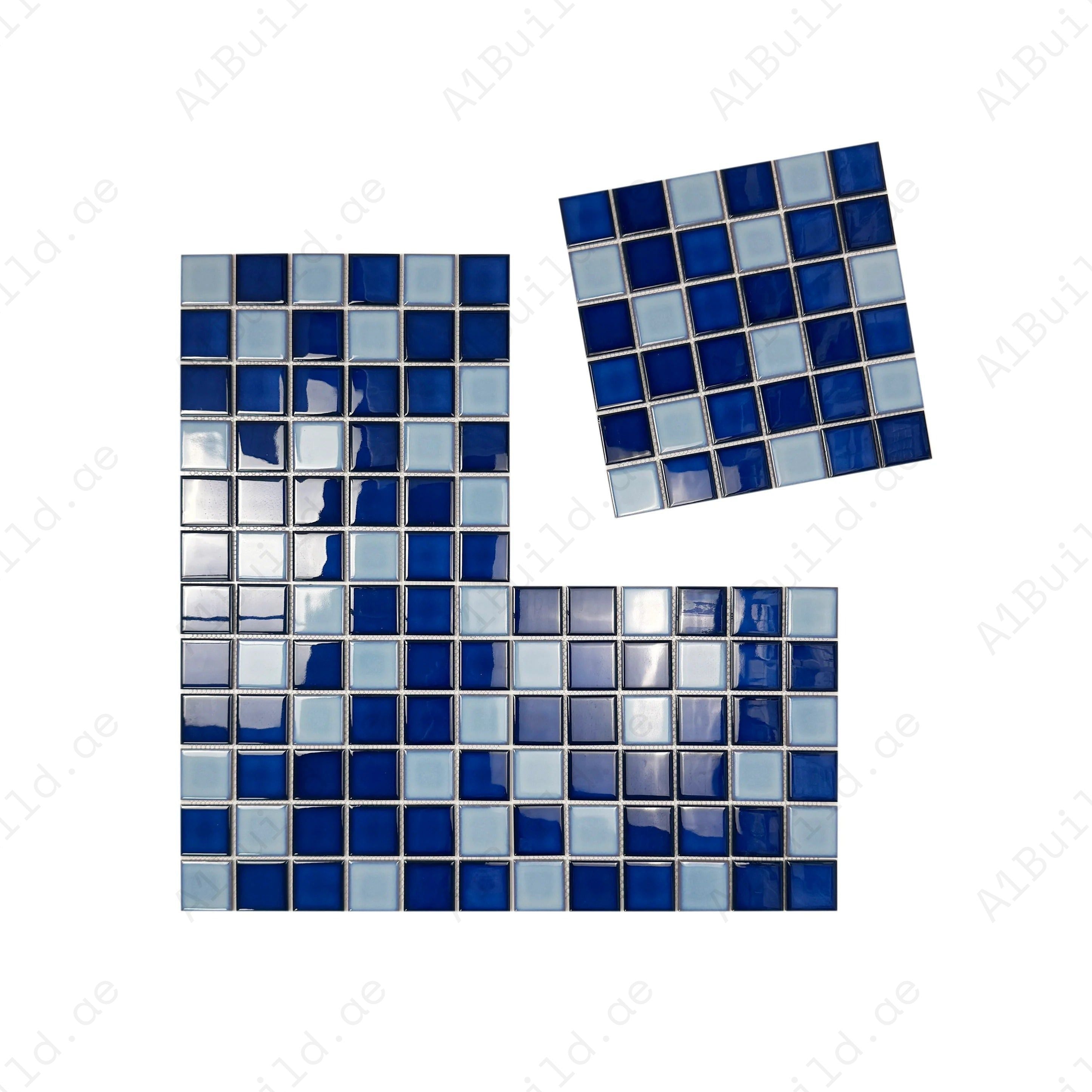 Luxury porcelain mosaic tiles in Powder, Ultra Marine & Oriental Blue. Slip-resistant, durable, eco-friendly – perfect for Dubai swimming pools & spas.