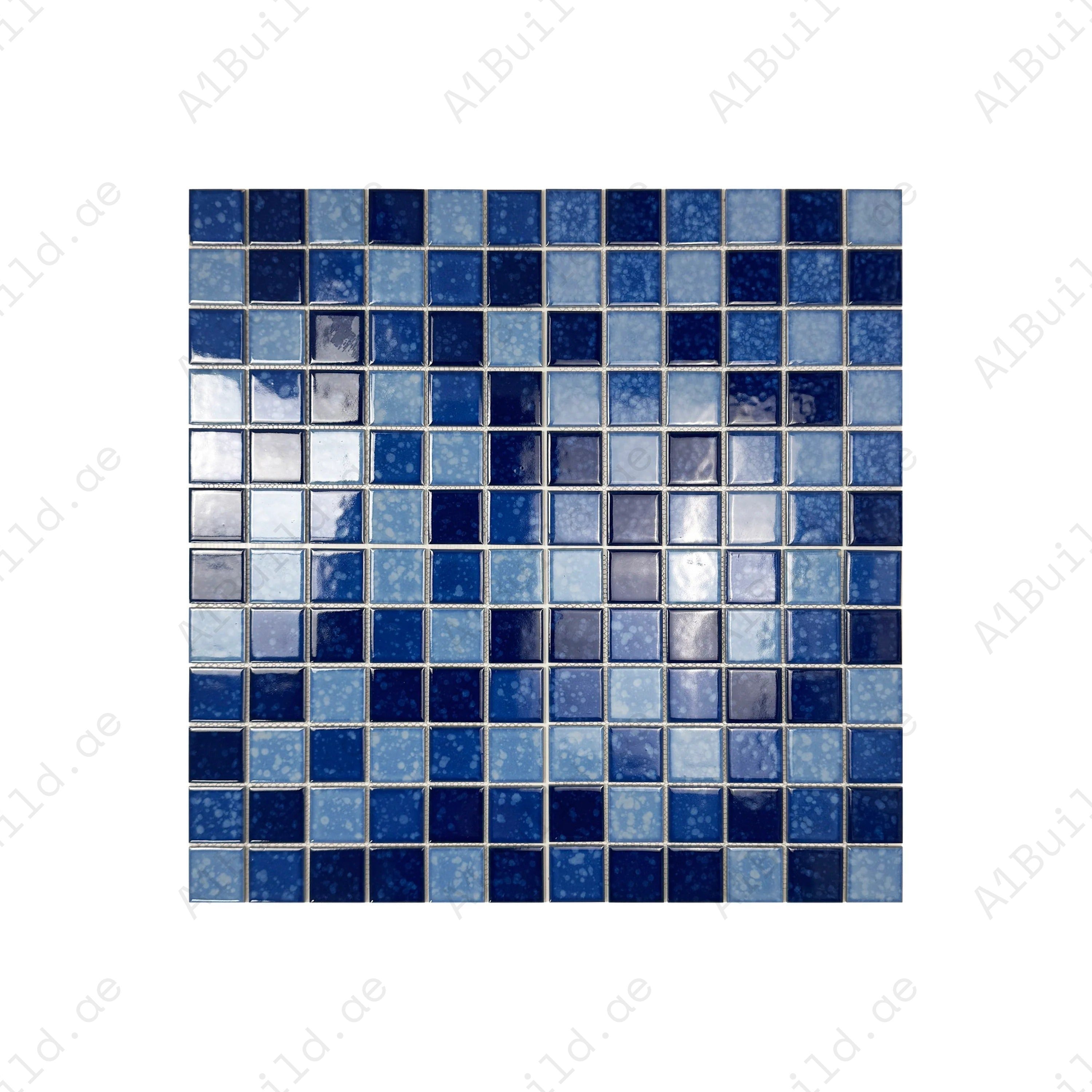 Luxury porcelain mosaic tiles in Sky Blue, Cobalt Blue & Prussian Blue. Slip-resistant, durable, eco-friendly, perfect for Dubai pools, spas & water features.