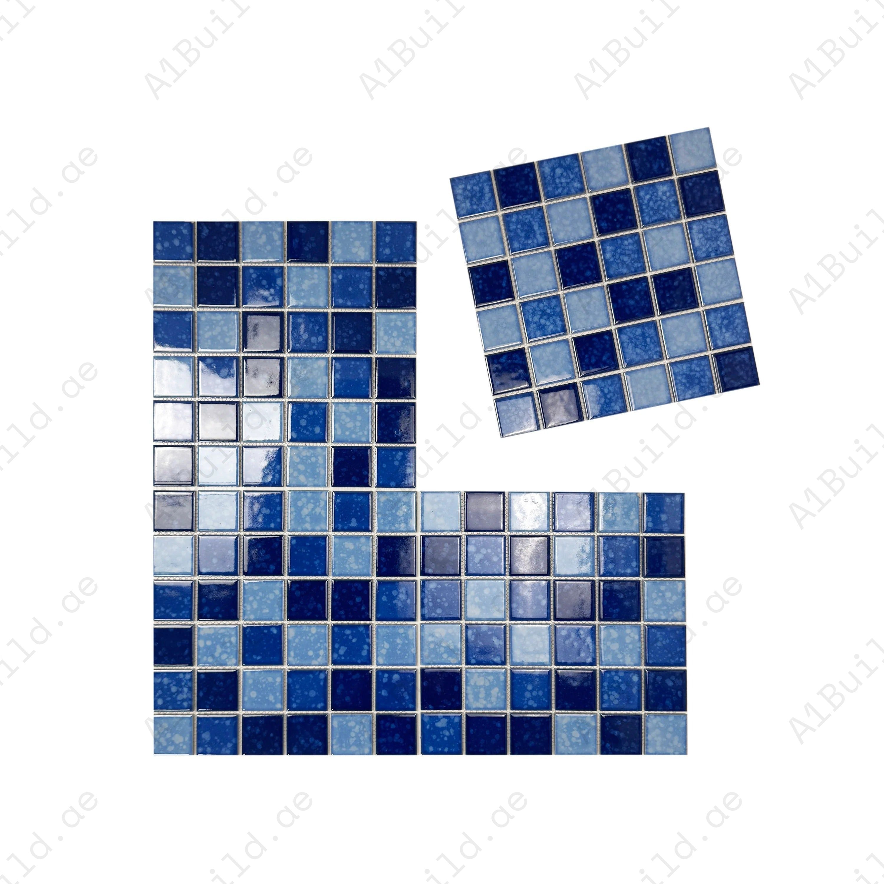 Luxury porcelain mosaic tiles in Sky Blue, Cobalt Blue & Prussian Blue. Slip-resistant, durable, eco-friendly, perfect for Dubai pools, spas & water features.