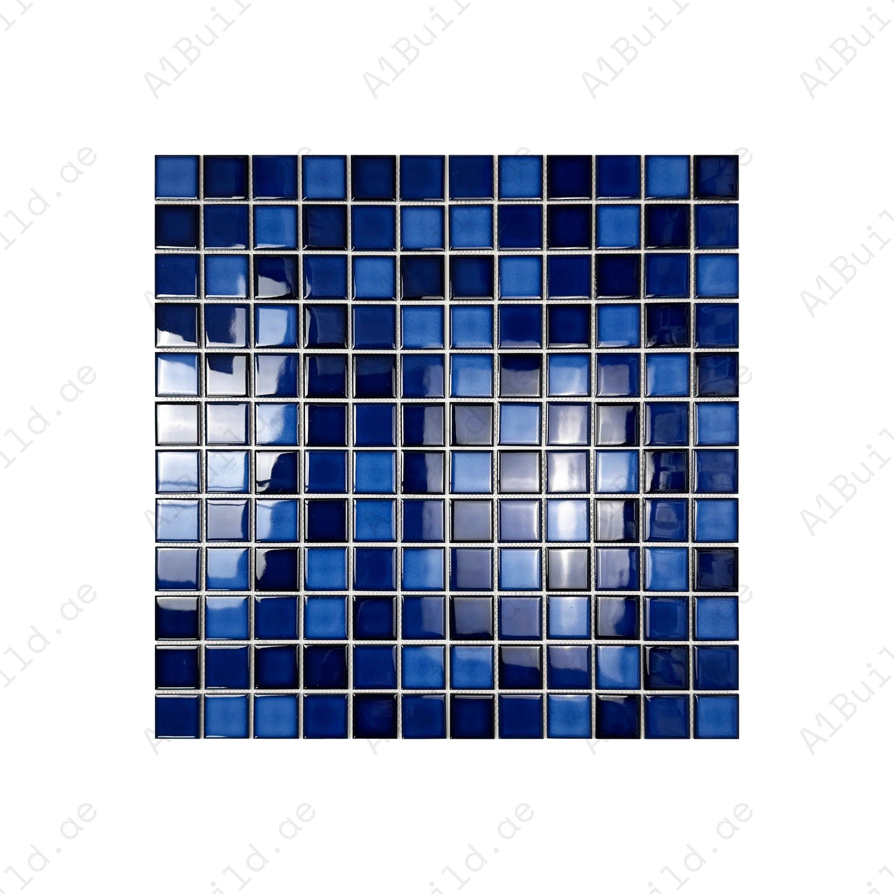 Luxury porcelain mosaic tiles in Sky Blue, Cobalt Blue & Prussian Blue. Slip-resistant, durable, eco-friendly, perfect for Dubai pools, spas & water walls.