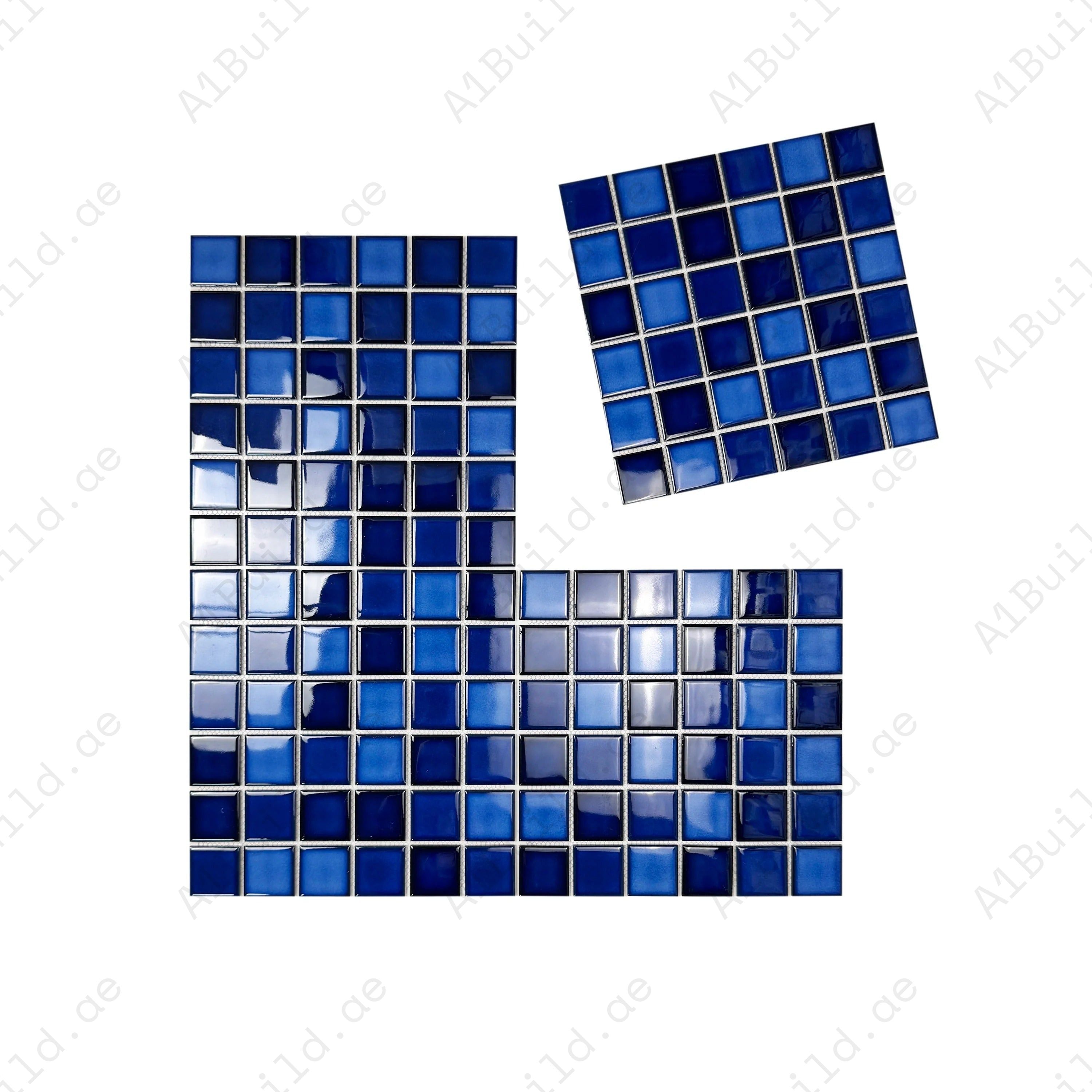Luxury porcelain mosaic tiles in Sky Blue, Cobalt Blue & Prussian Blue. Slip-resistant, durable, eco-friendly, perfect for Dubai pools, spas & water walls.
