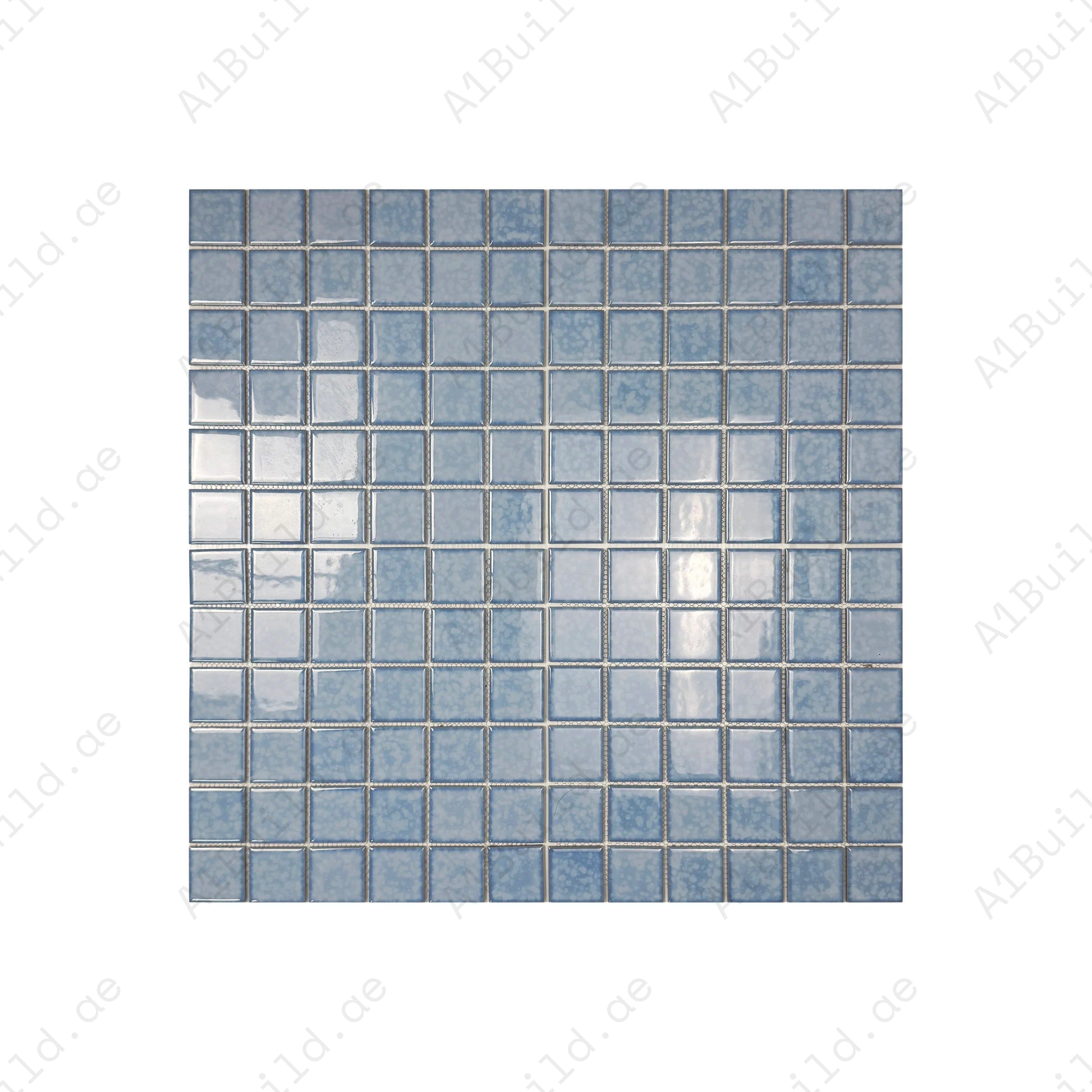 Luxury porcelain mosaic tiles in Sky Blue with iced flower texture. Slip-resistant, durable, eco-friendly, ideal for Dubai pools, spas & decorative walls.