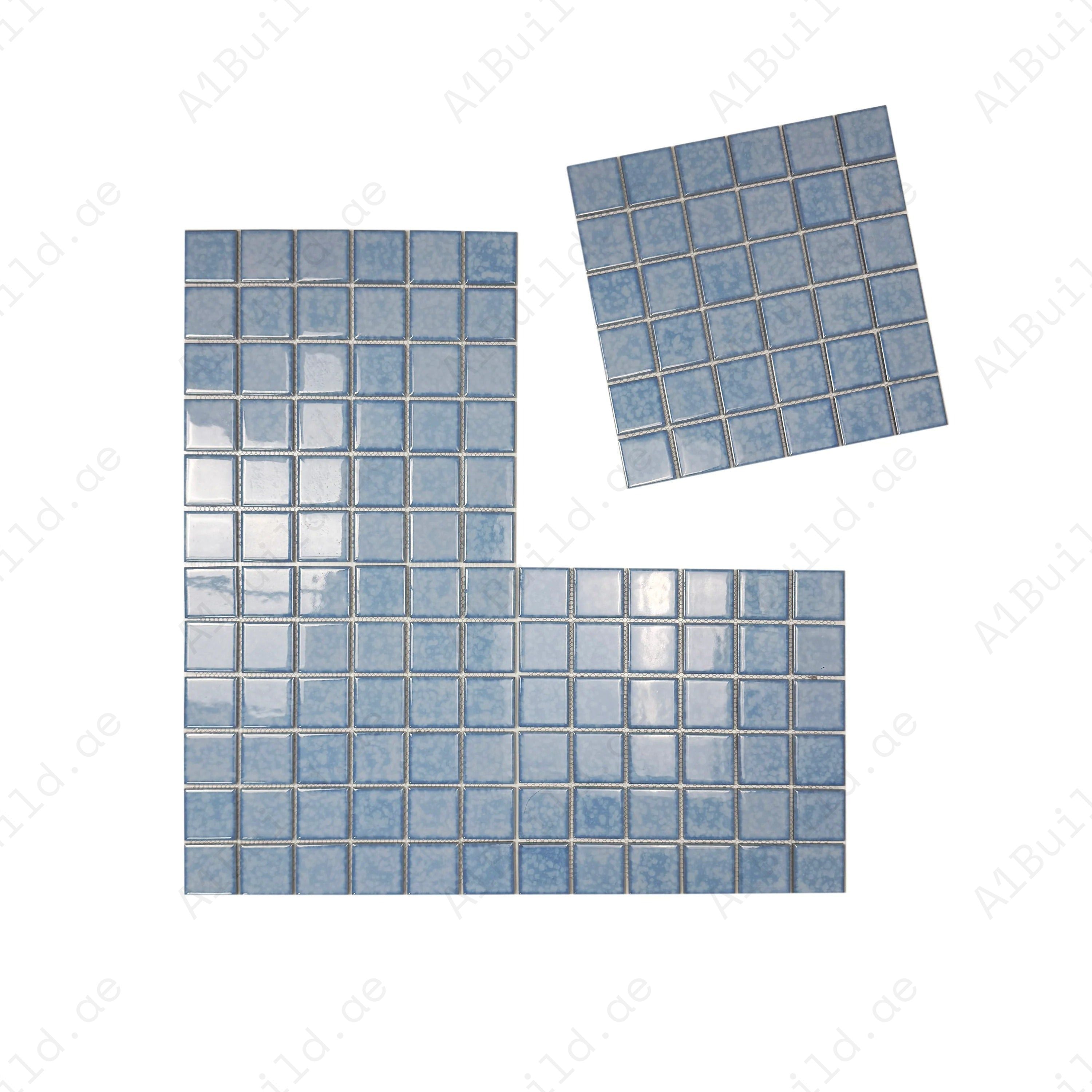 Luxury porcelain mosaic tiles in Sky Blue with iced flower texture. Slip-resistant, durable, eco-friendly, ideal for Dubai pools, spas & decorative walls.