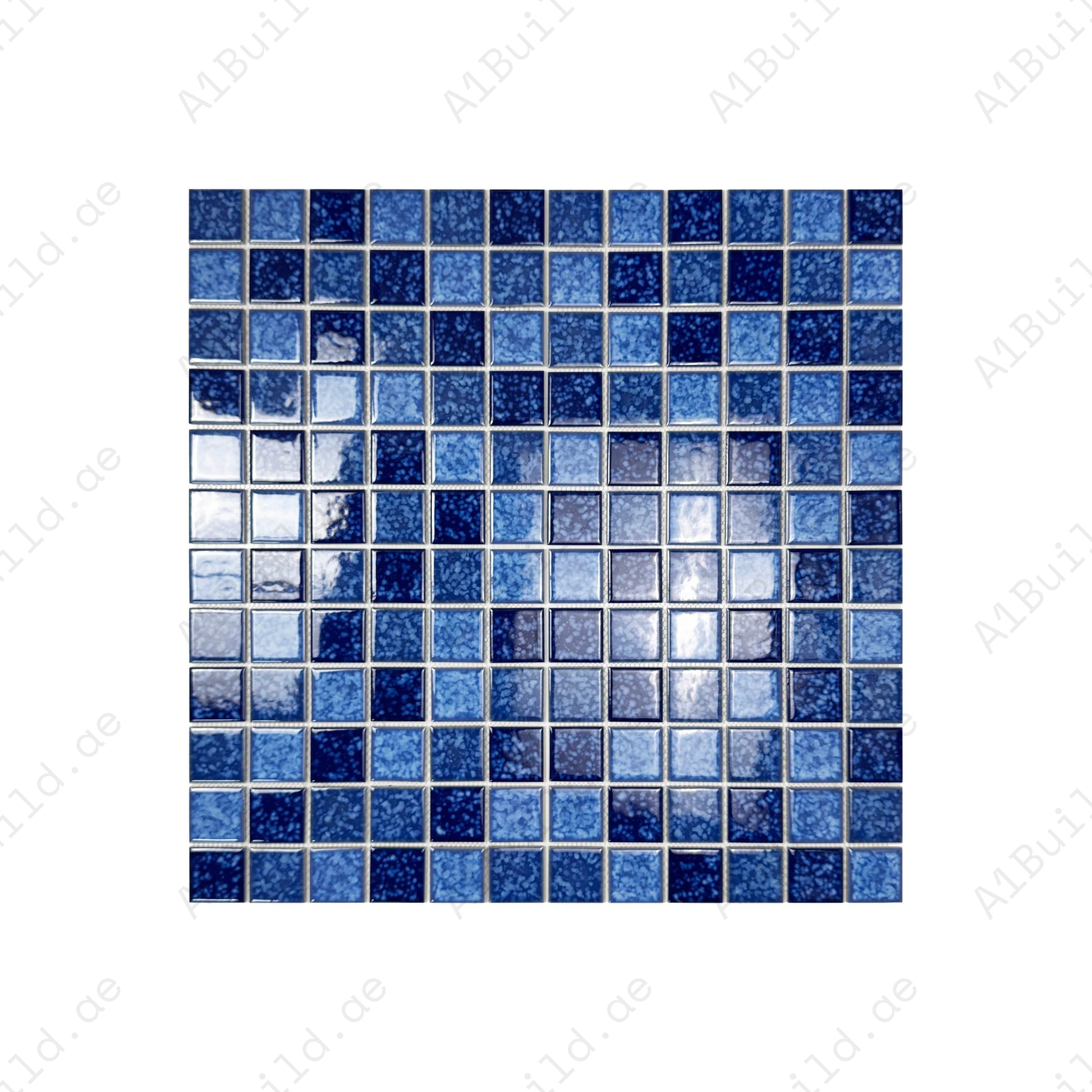 Luxury porcelain mosaic tiles in Sky, Cobalt & Midnight Blue. Slip-resistant, durable, eco-friendly, perfect for Dubai pools, spas, and decorative water walls.