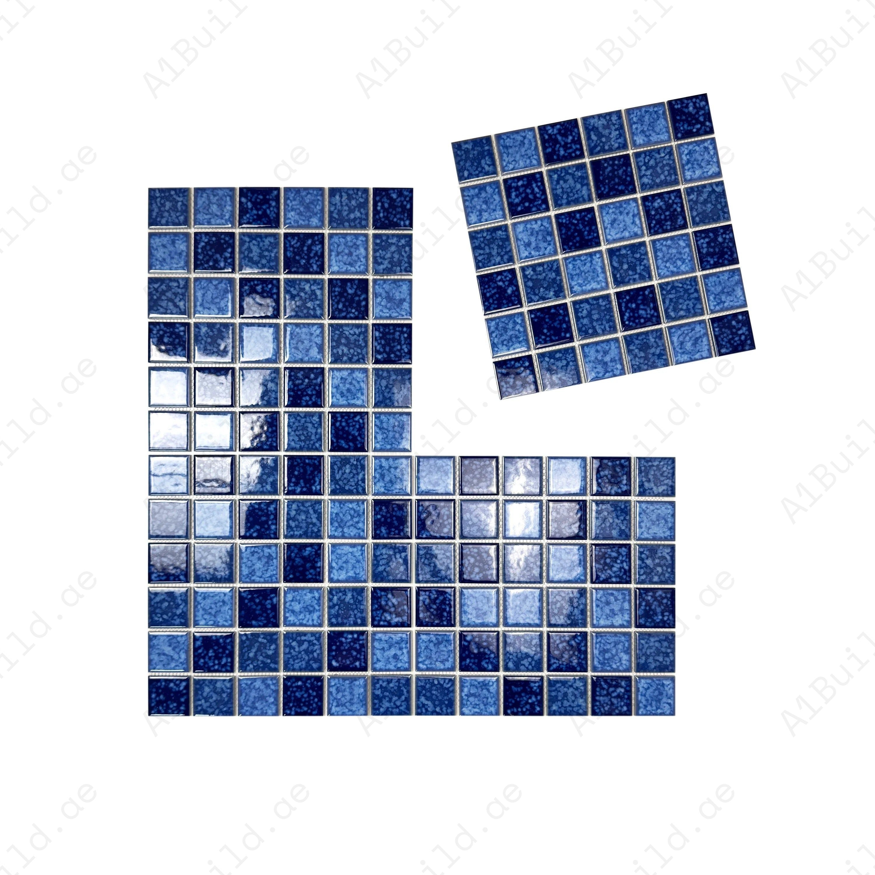Luxury porcelain mosaic tiles in Sky, Cobalt & Midnight Blue. Slip-resistant, durable, eco-friendly, perfect for Dubai pools, spas, and decorative water walls.