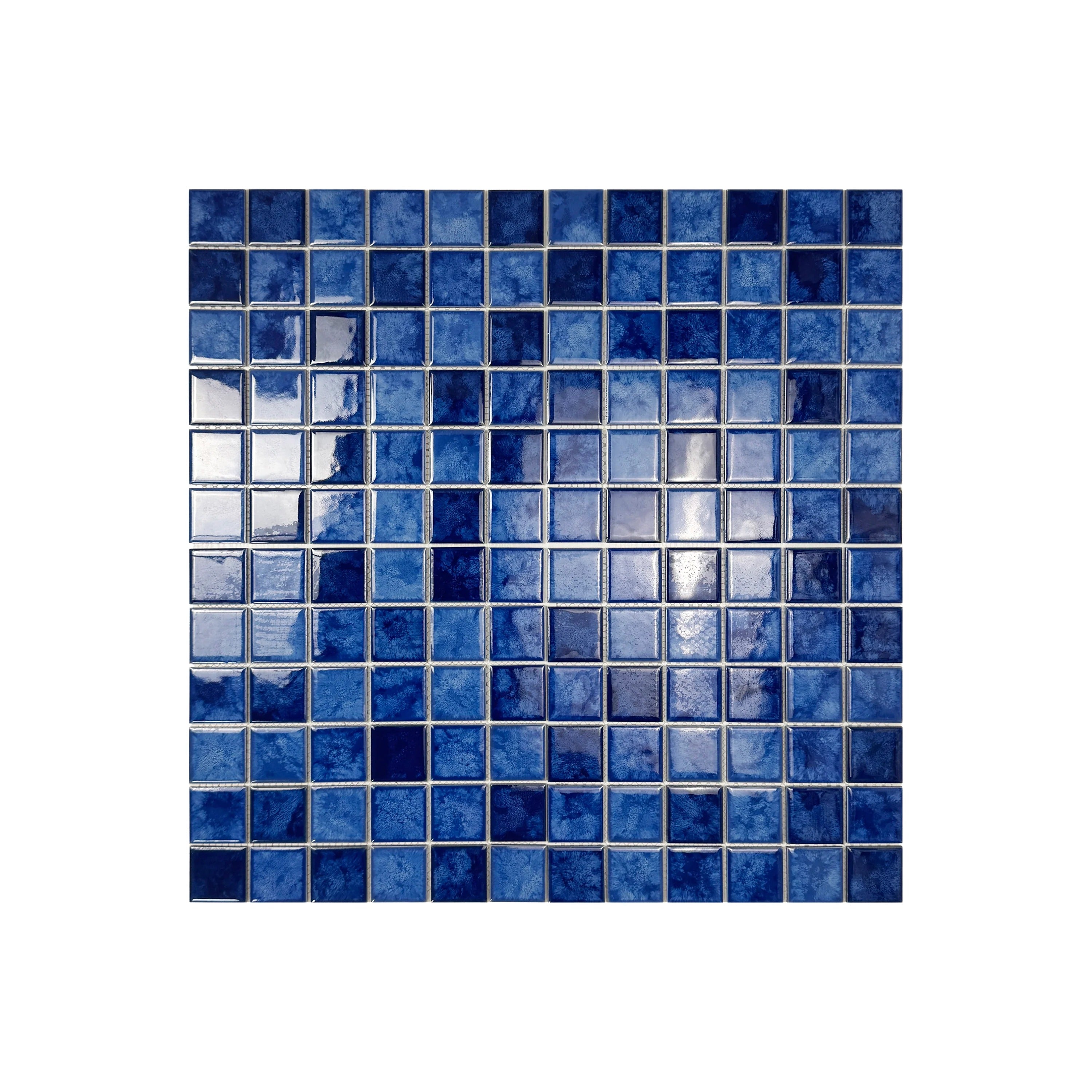 Luxury porcelain mosaic tiles in Sky, Cobalt & Navy Blue with iced flower texture. Slip-resistant, durable, eco-friendly, ideal for Dubai pools, spas & walls.
