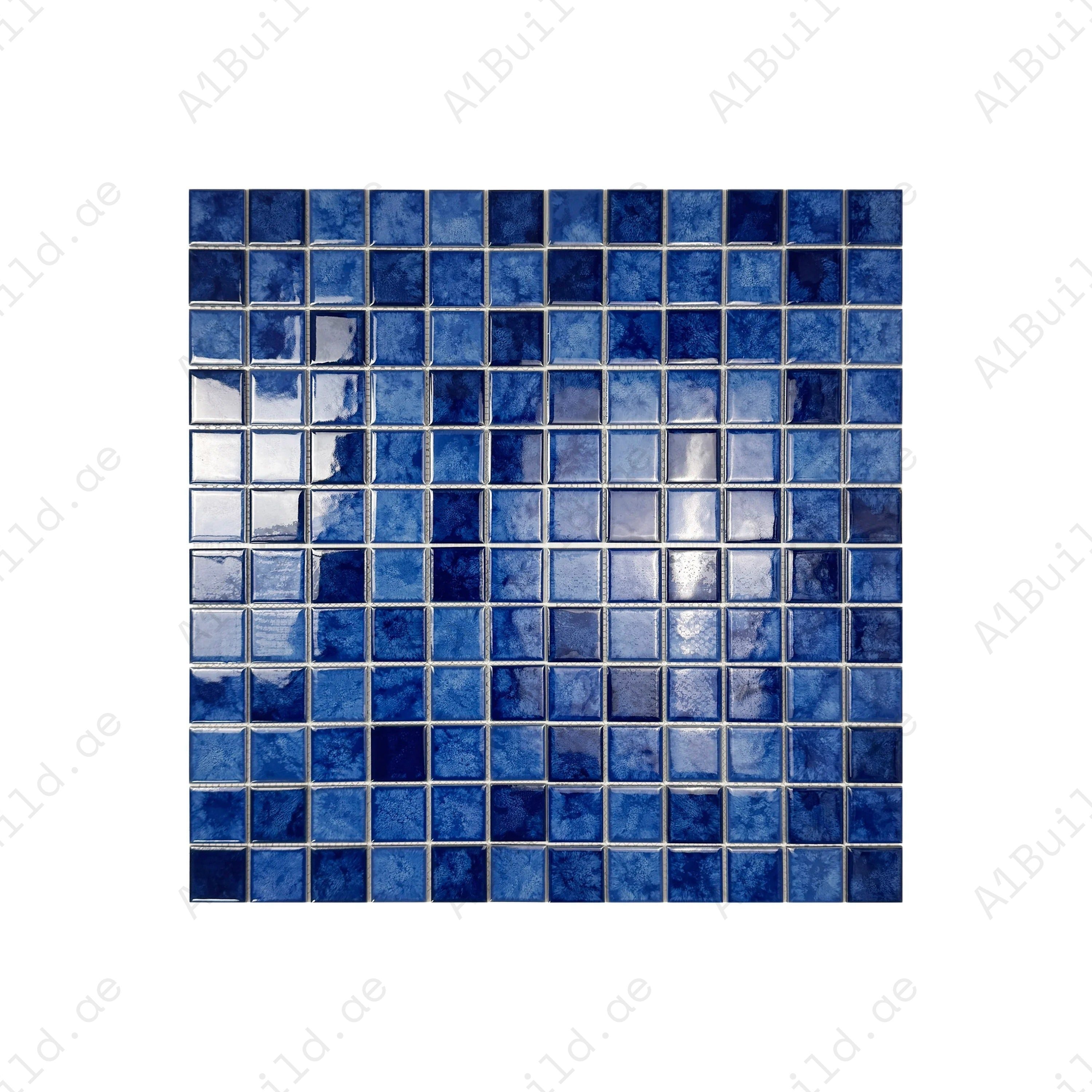 Luxury porcelain mosaic tiles in Sky, Cobalt & Navy Blue with iced flower texture. Slip-resistant, durable, eco-friendly, ideal for Dubai pools, spas & walls.