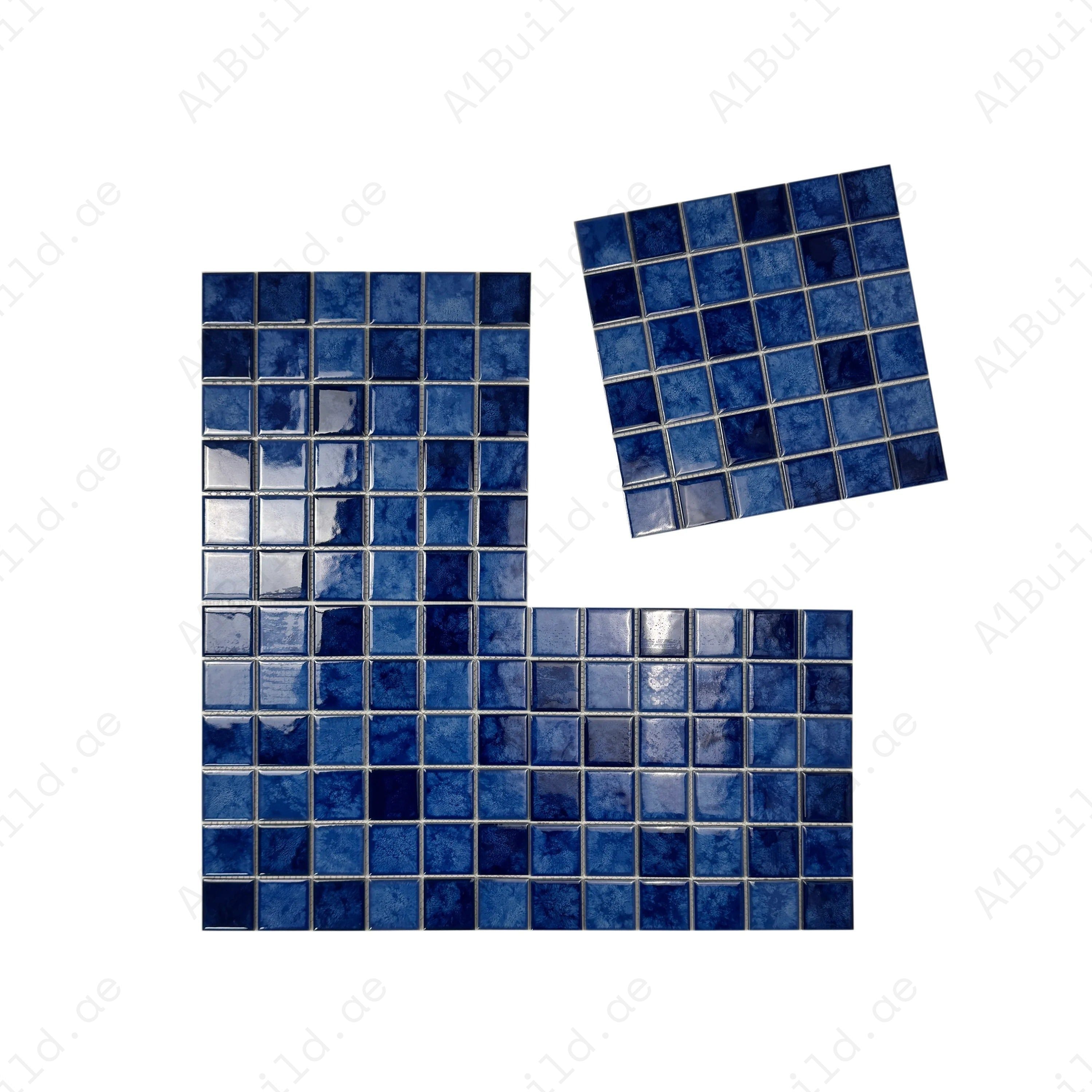Luxury porcelain mosaic tiles in Sky, Cobalt & Navy Blue with iced flower texture. Slip-resistant, durable, eco-friendly, ideal for Dubai pools, spas & walls.