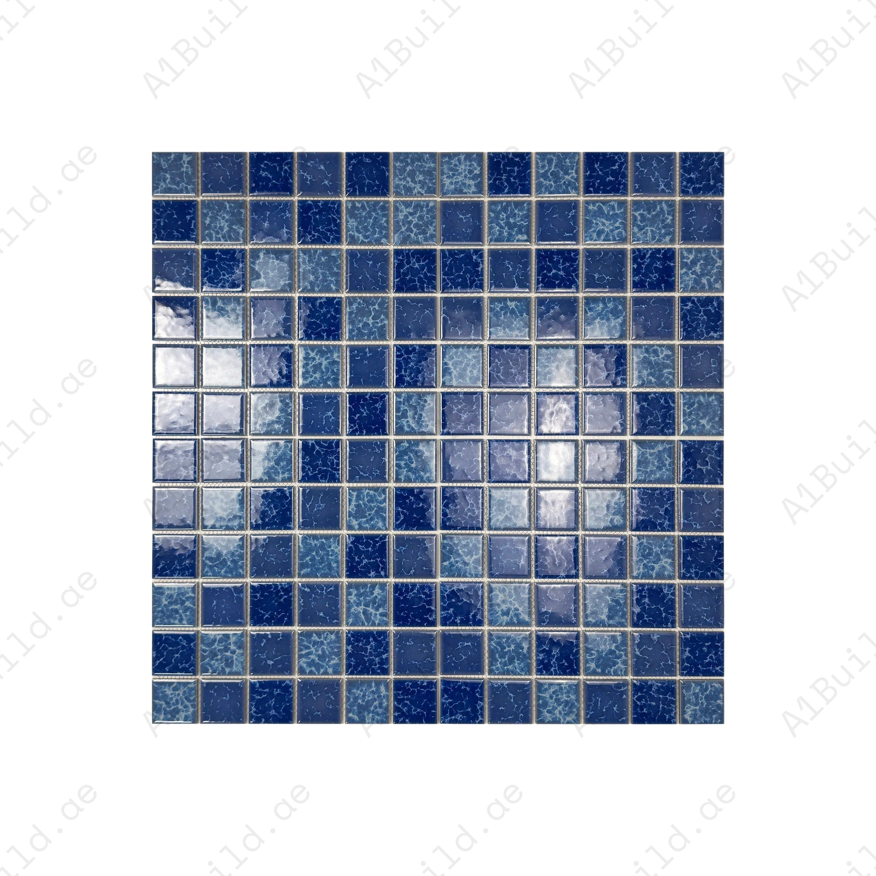 Luxury porcelain mosaic tiles in Sky & Ultra Marine Blue with lightning texture. Slip-resistant, durable, eco-friendly, ideal for Dubai pools, spas & walls.