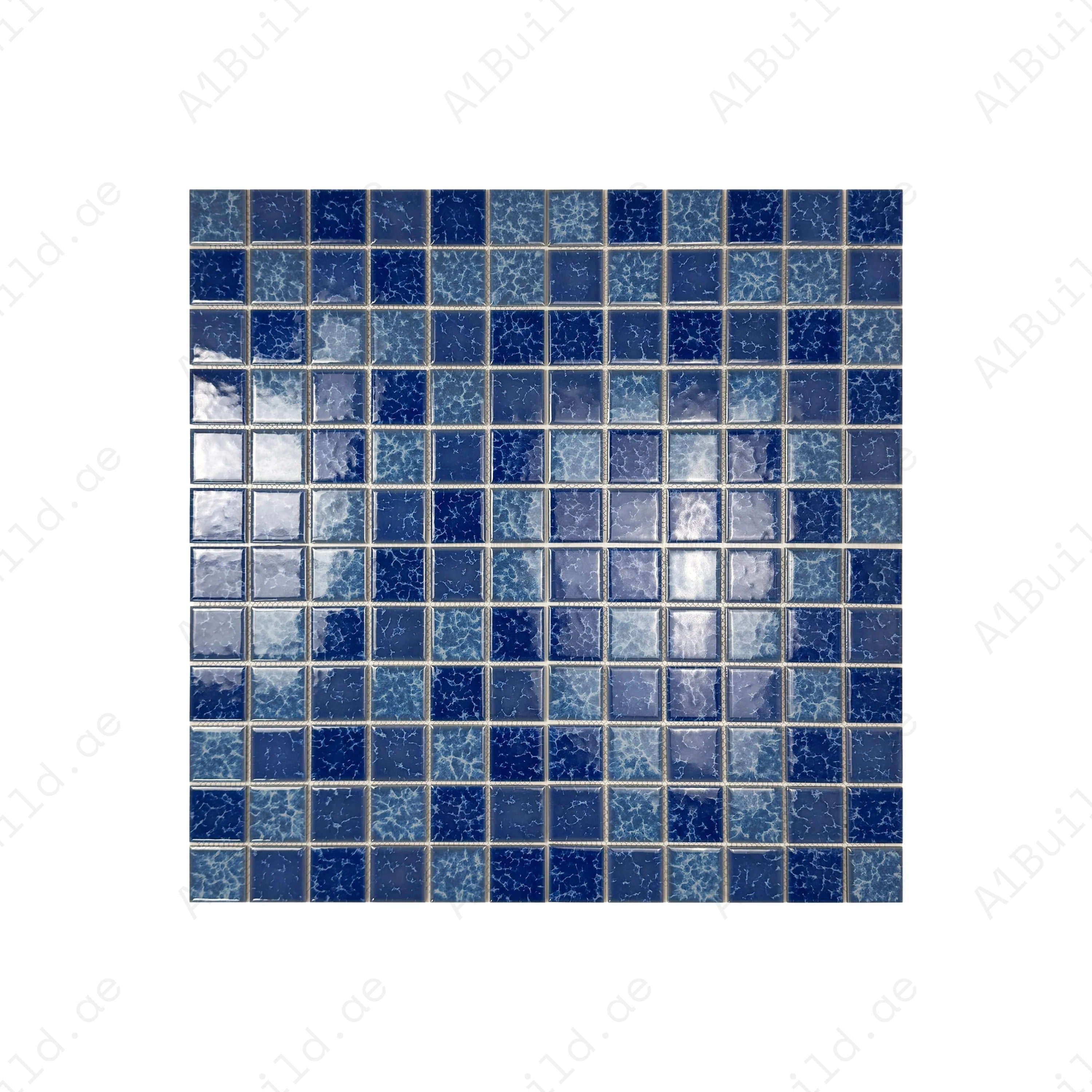 Luxury porcelain mosaic tiles in Sky & Ultra Marine Blue with lightning texture. Slip-resistant, durable, eco-friendly, ideal for Dubai pools, spas & walls.