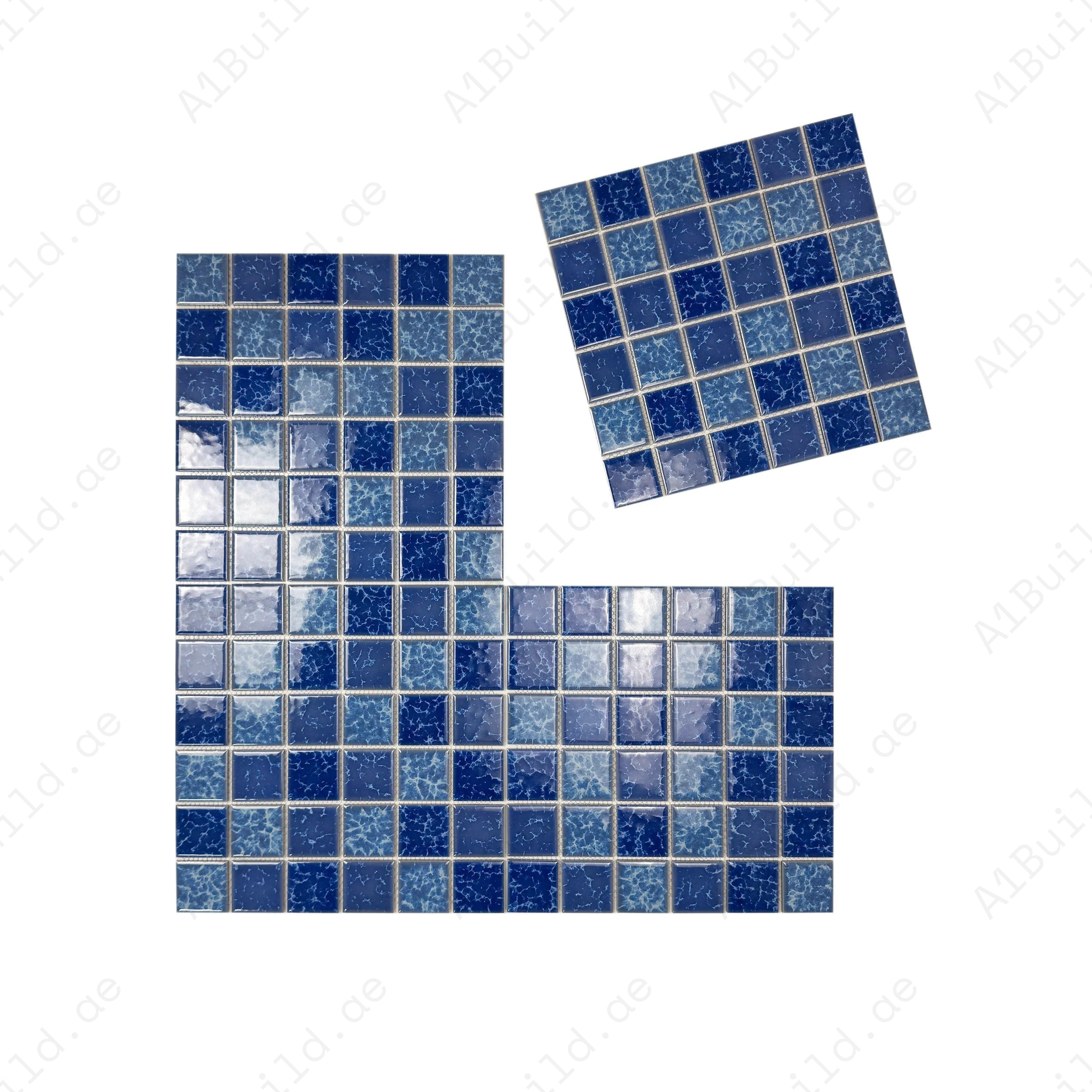 Luxury porcelain mosaic tiles in Sky & Ultra Marine Blue with lightning texture. Slip-resistant, durable, eco-friendly, ideal for Dubai pools, spas & walls.