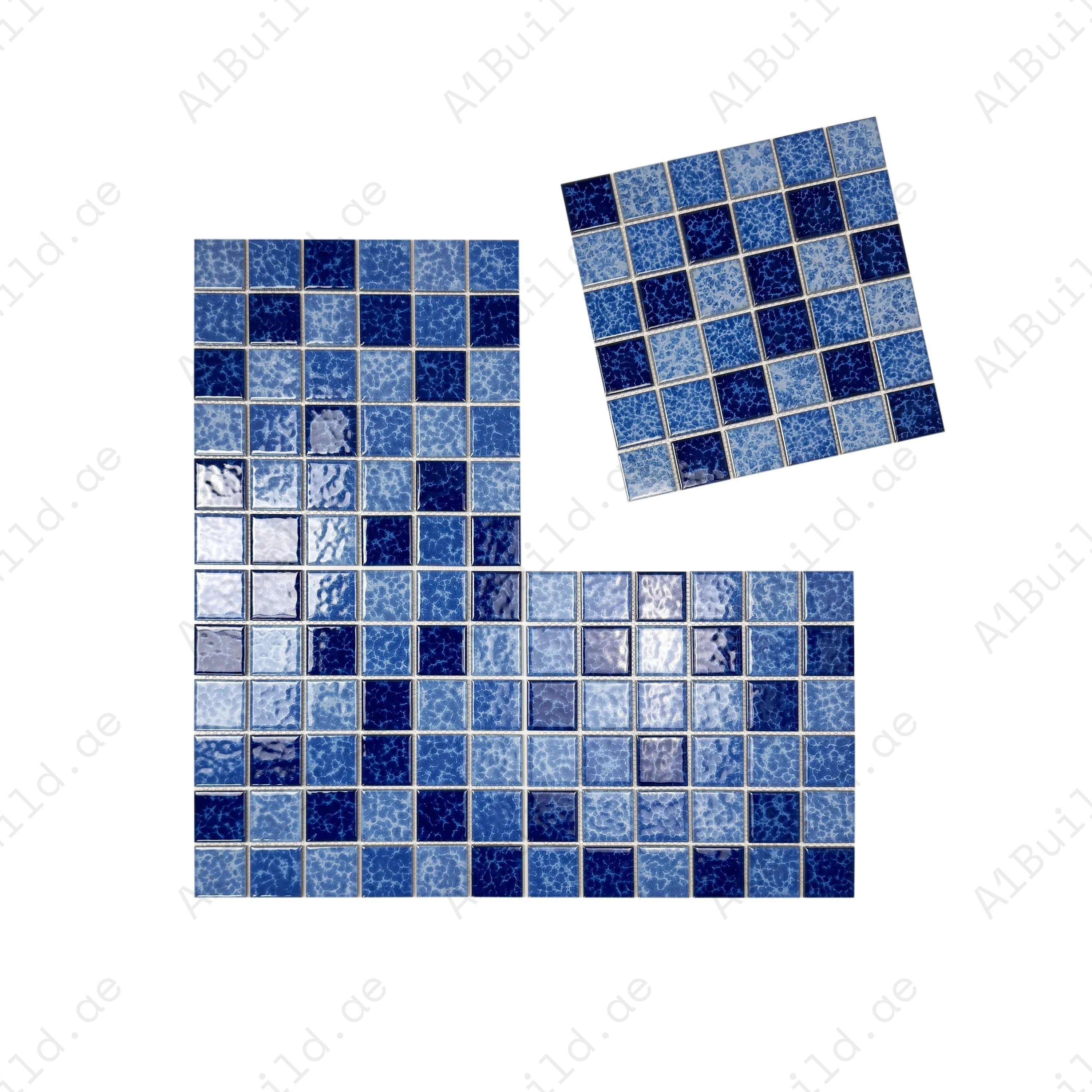 Luxury porcelain mosaic tiles in Sky, Ultra Marine & Navy Blue with lightning texture. Slip-resistant, durable, eco-friendly, perfect for Dubai pools, spas & walls.